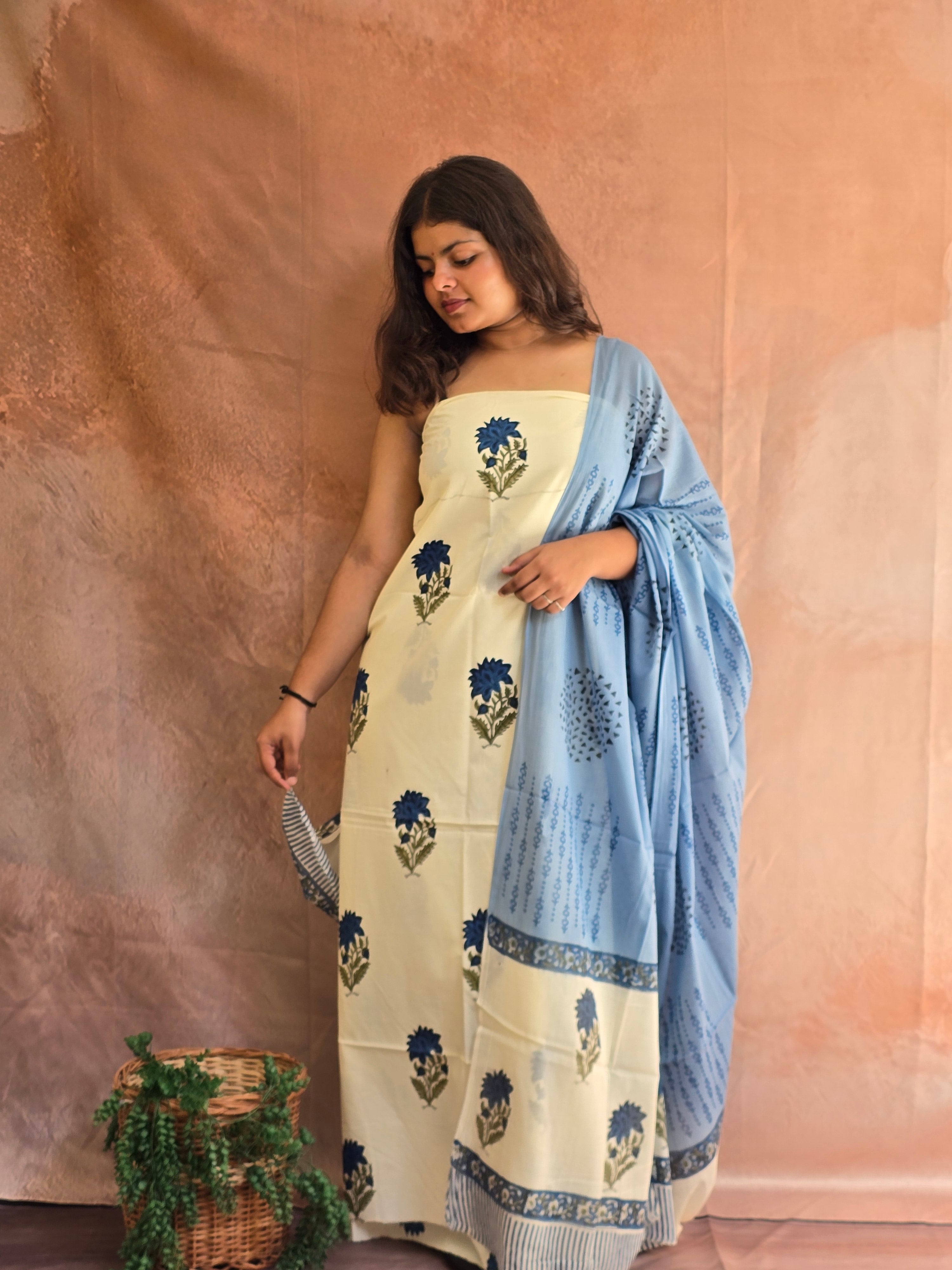 Hand block Printed Mul Cotton Dress Material