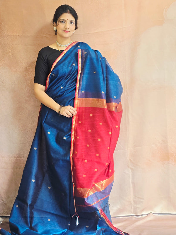 Pure Handwoven Maheshwari Star Motifs Saree - Blue Red