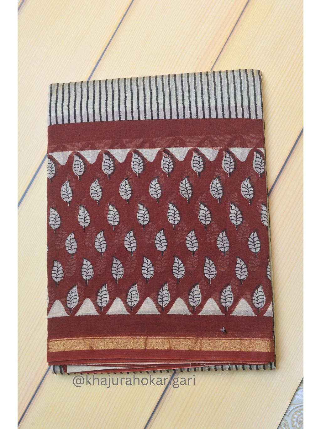 Hand block Printed Chanderi Silk Cotton Saree - Red Leaf