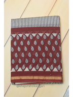 Hand block Printed Chanderi Silk Cotton Saree - Red Leaf