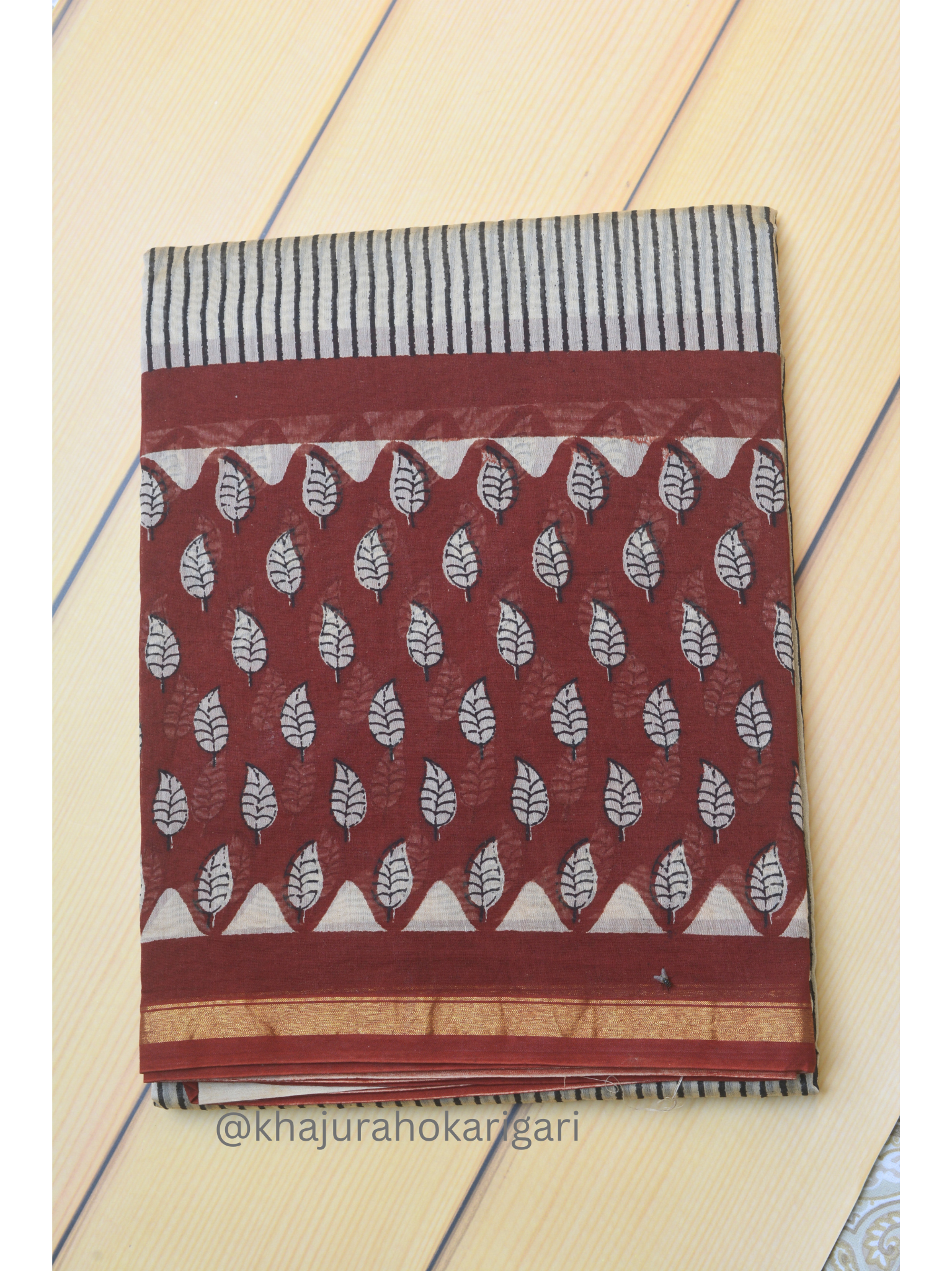 Hand block Printed Chanderi Silk Cotton Saree - Red Leaf