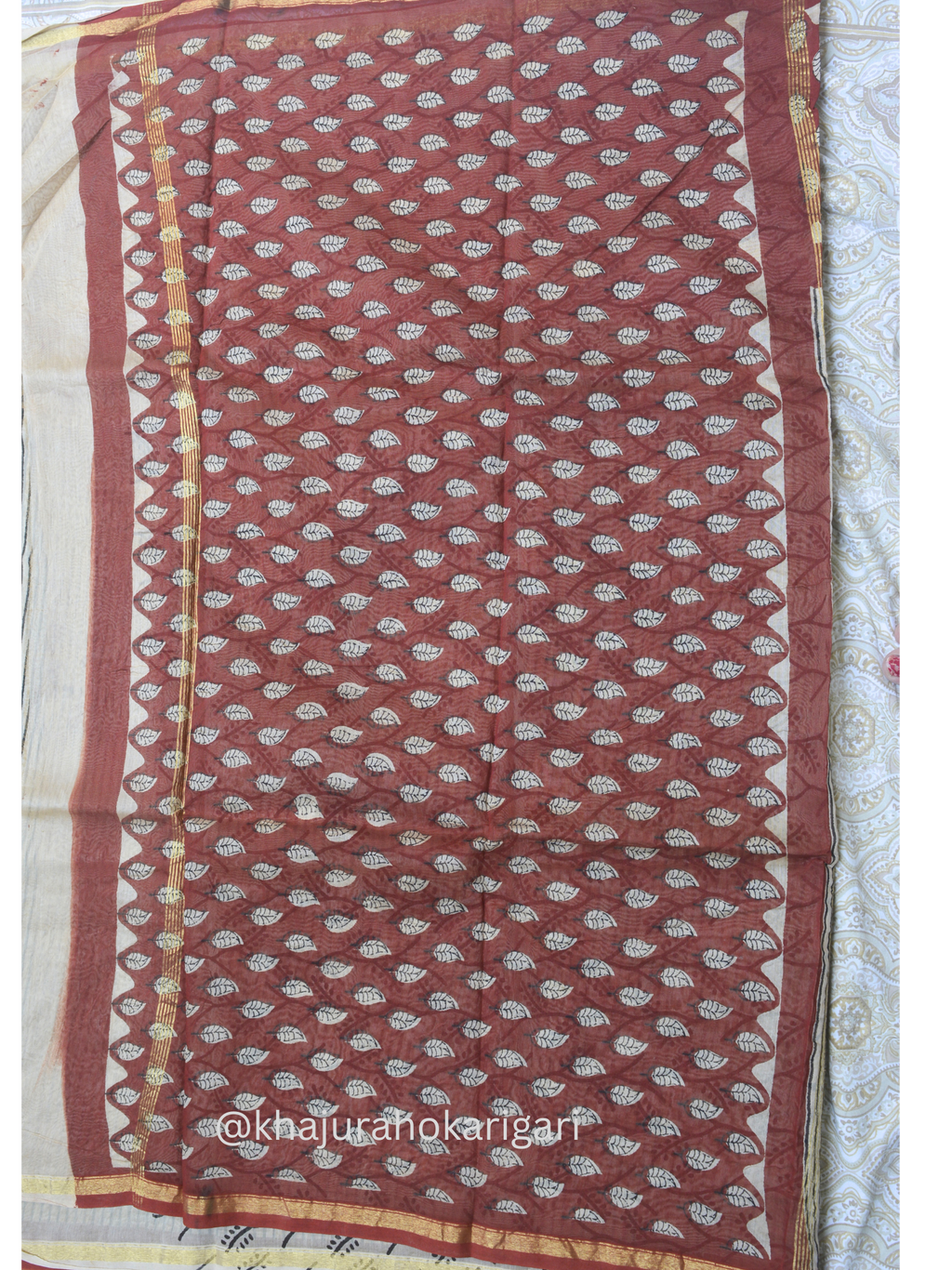 Hand block Printed Chanderi Silk Cotton Saree - Red Leaf
