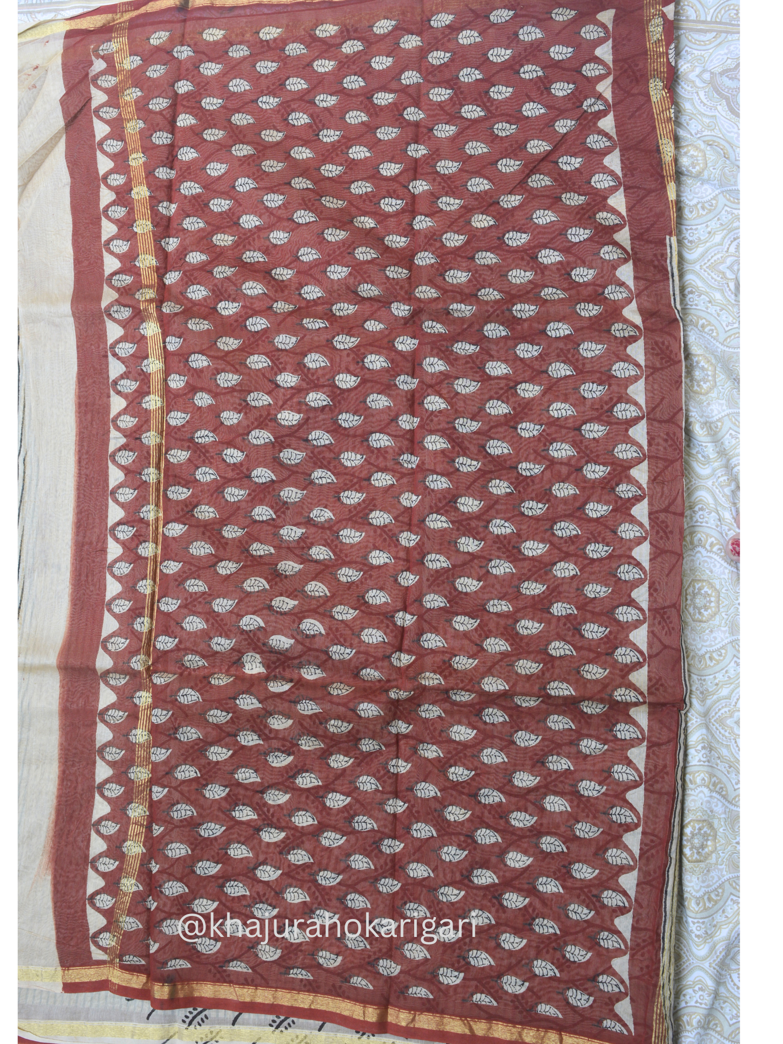 Hand block Printed Chanderi Silk Cotton Saree - Red Leaf