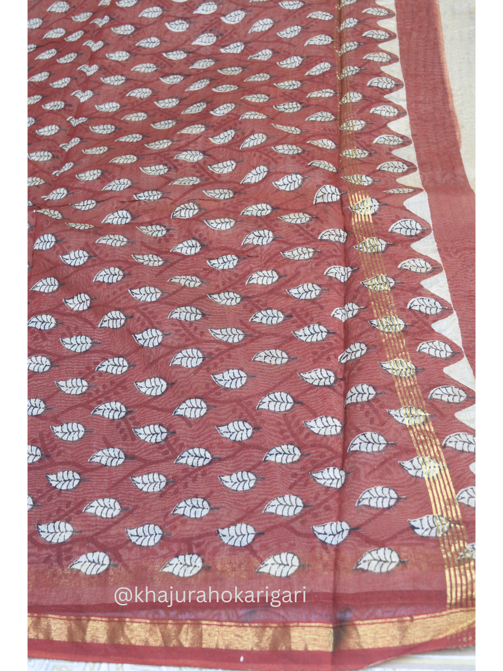 Hand block Printed Chanderi Silk Cotton Saree - Red Leaf