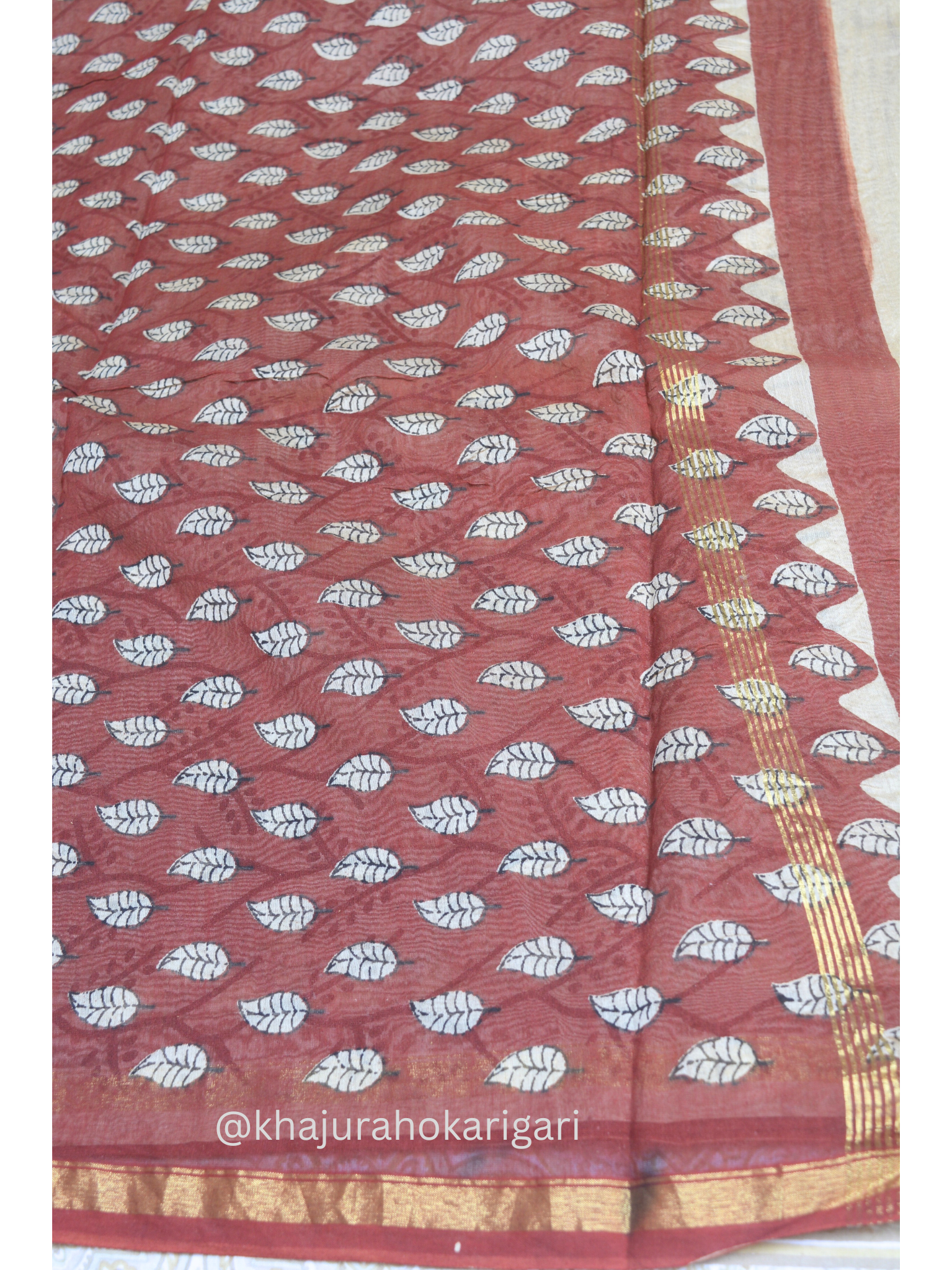 Hand block Printed Chanderi Silk Cotton Saree - Red Leaf