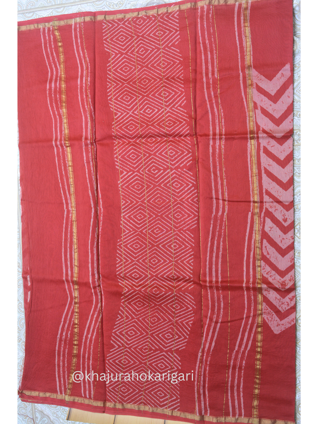 Hand block Printed Chanderi Silk Cotton Saree - Red