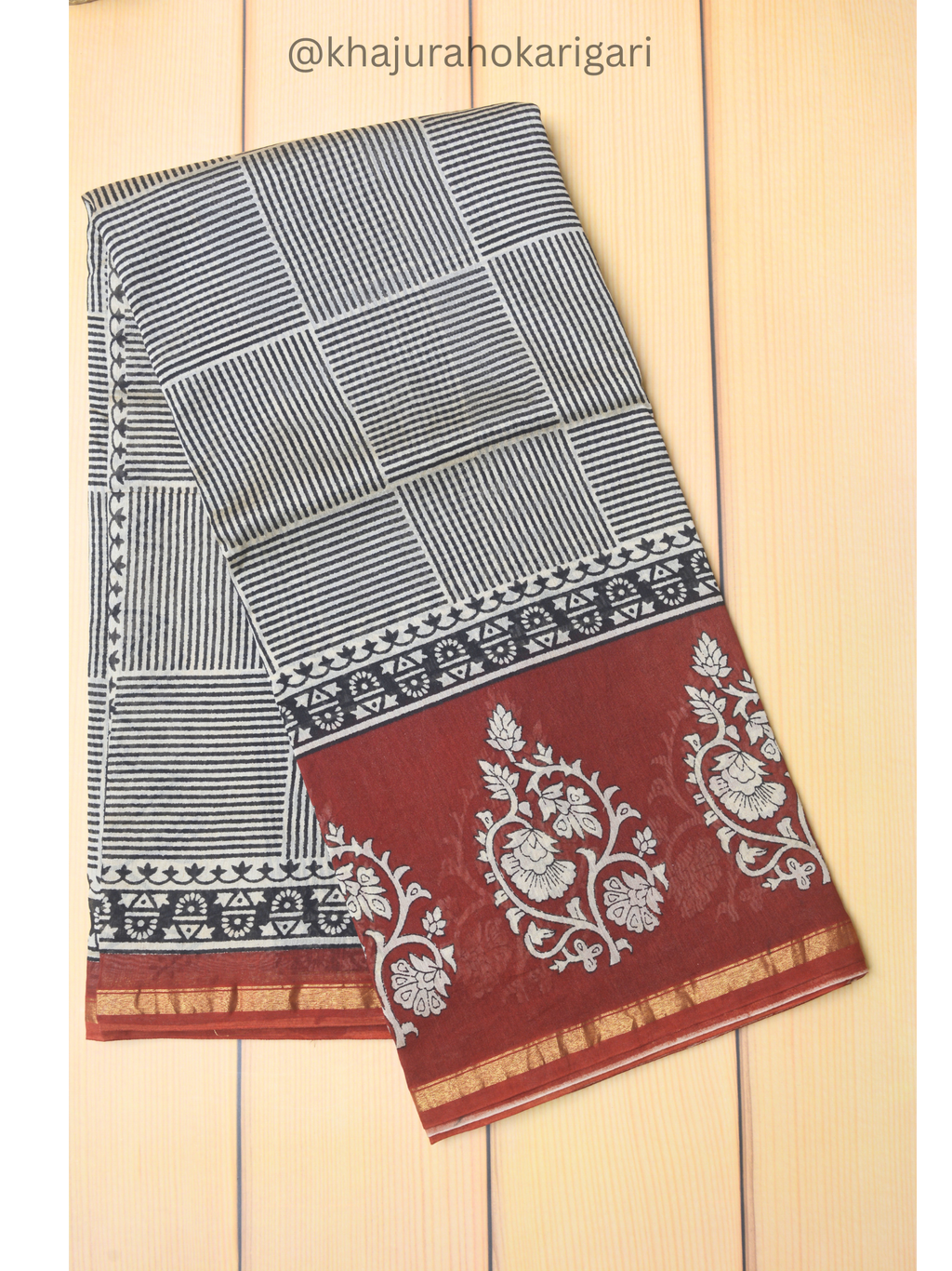 Hand block Printed Chanderi Silk Cotton Saree - Square Stripe