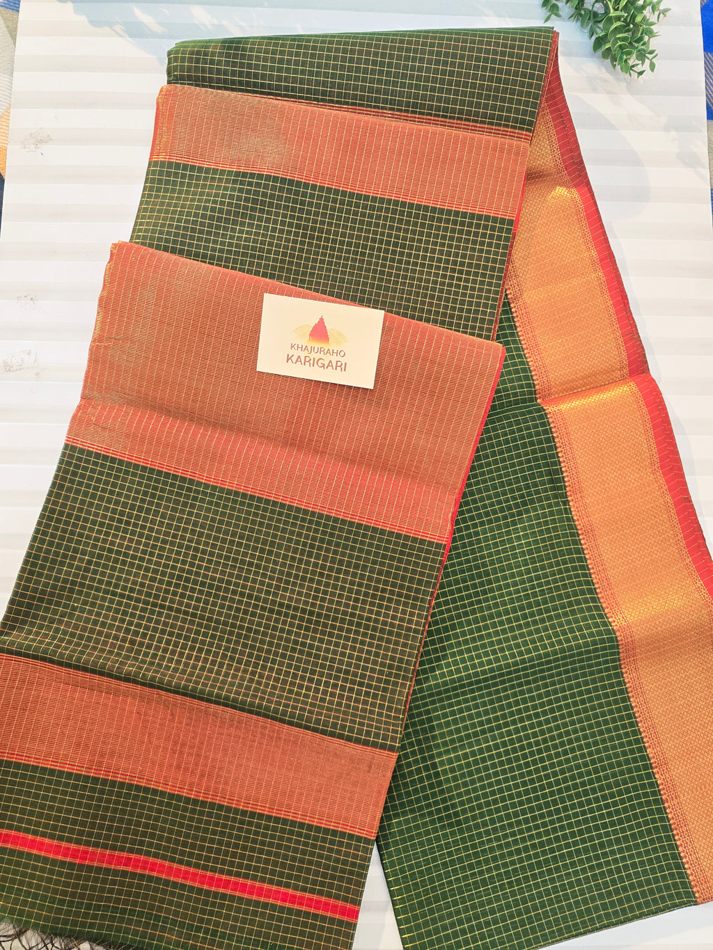 Pure Handwoven Maheshwari Zari Check Saree - Green