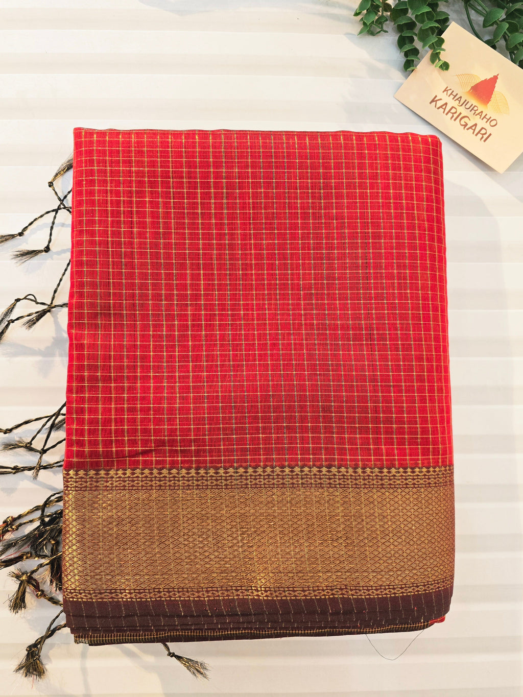 Pure Handwoven Maheshwari Silk Cotton Zari Check Saree – Red