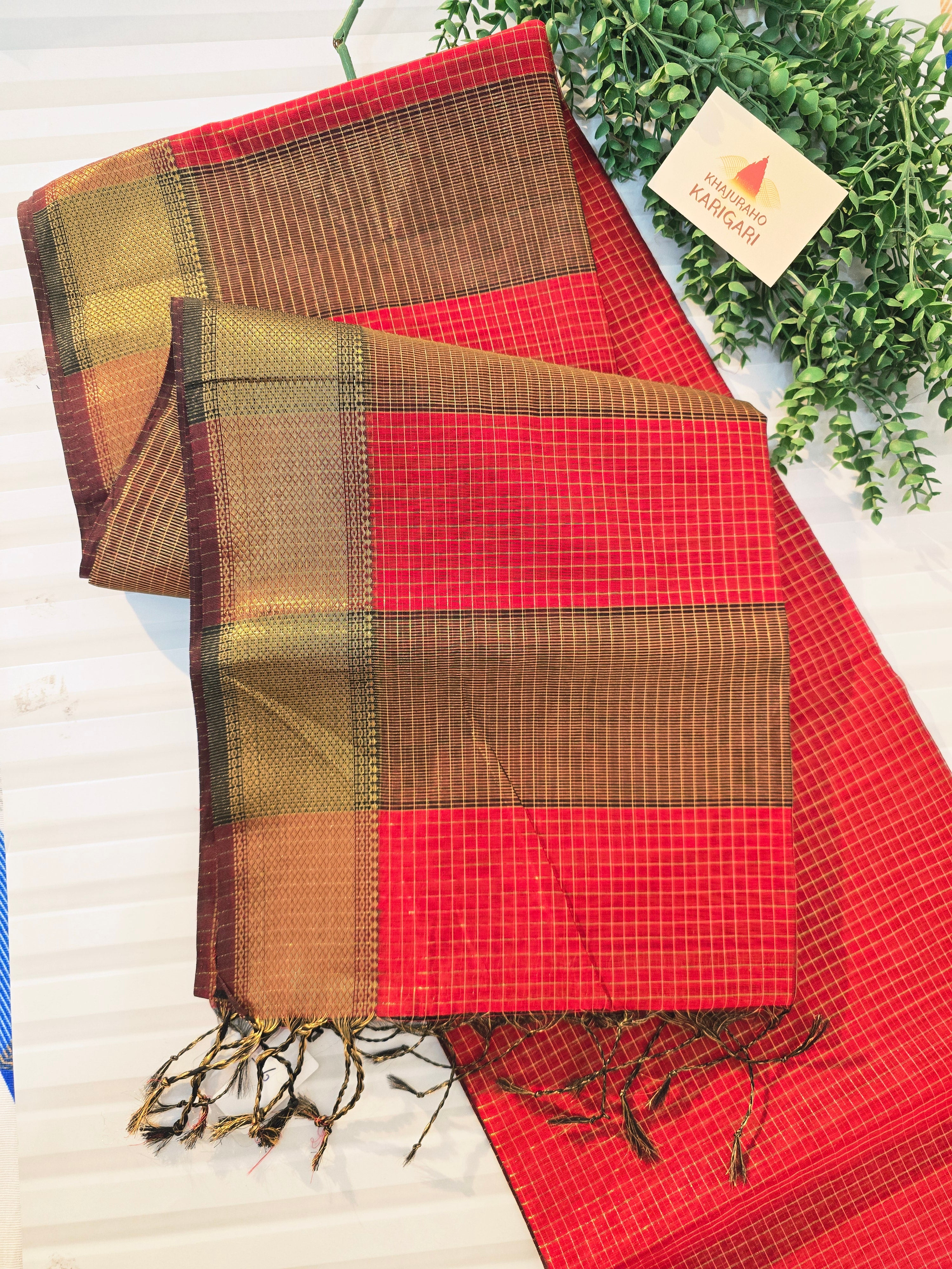 Pure Handwoven Maheshwari Silk Cotton Zari Check Saree – Red