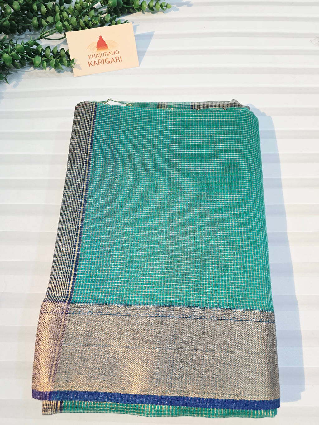 Pure Handloom Maheshwari Zari Checks Saree | Sea Green