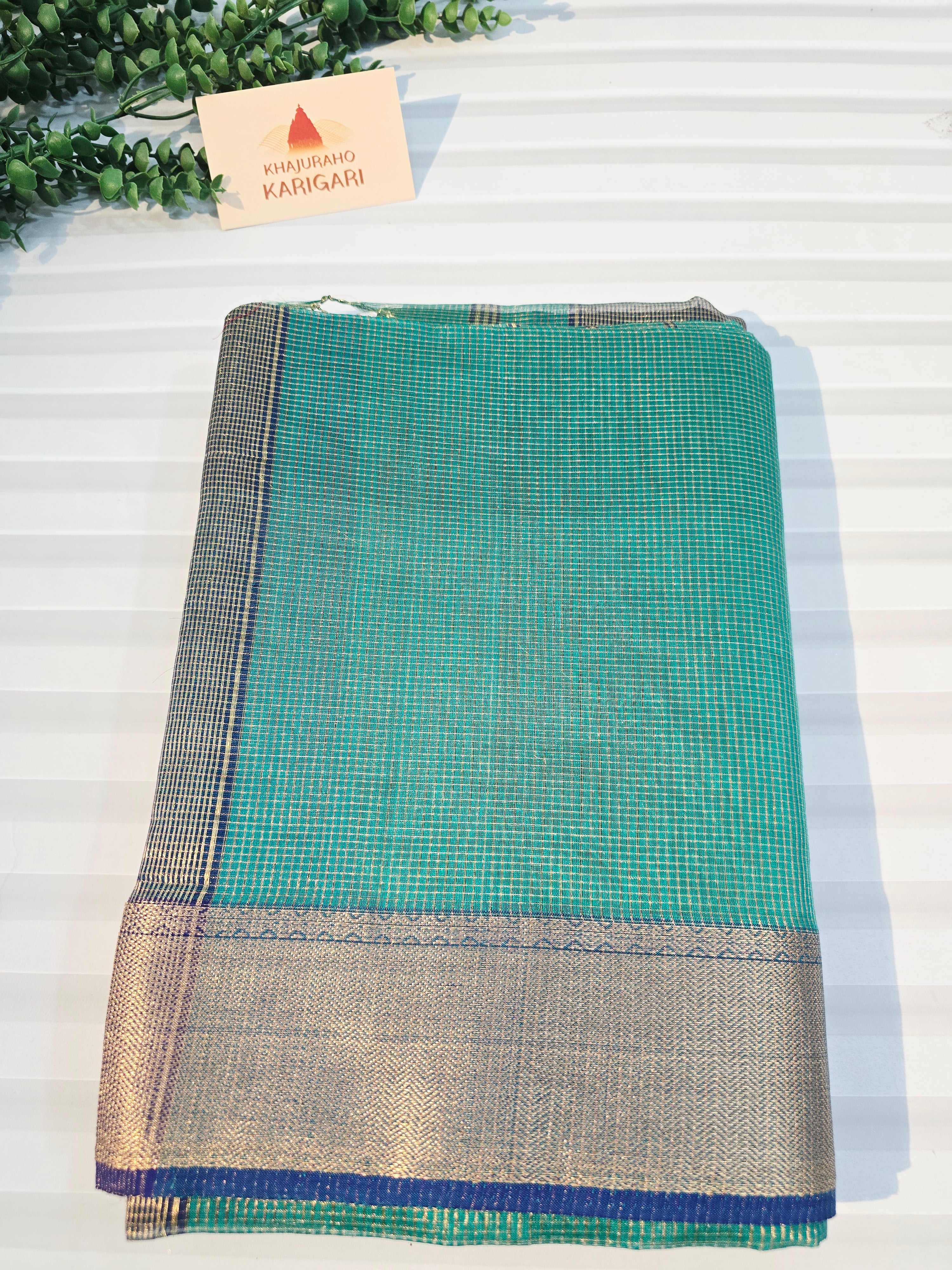 Pure Handloom Maheshwari Zari Checks Saree | Sea Green
