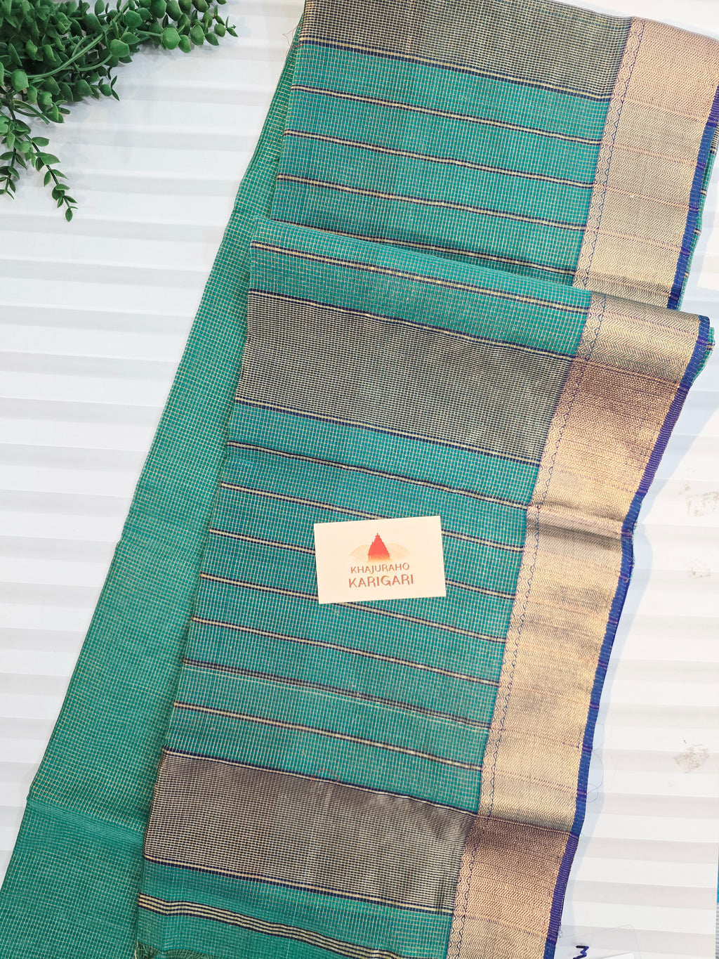 Pure Handloom Maheshwari Zari Checks Saree | Sea Green