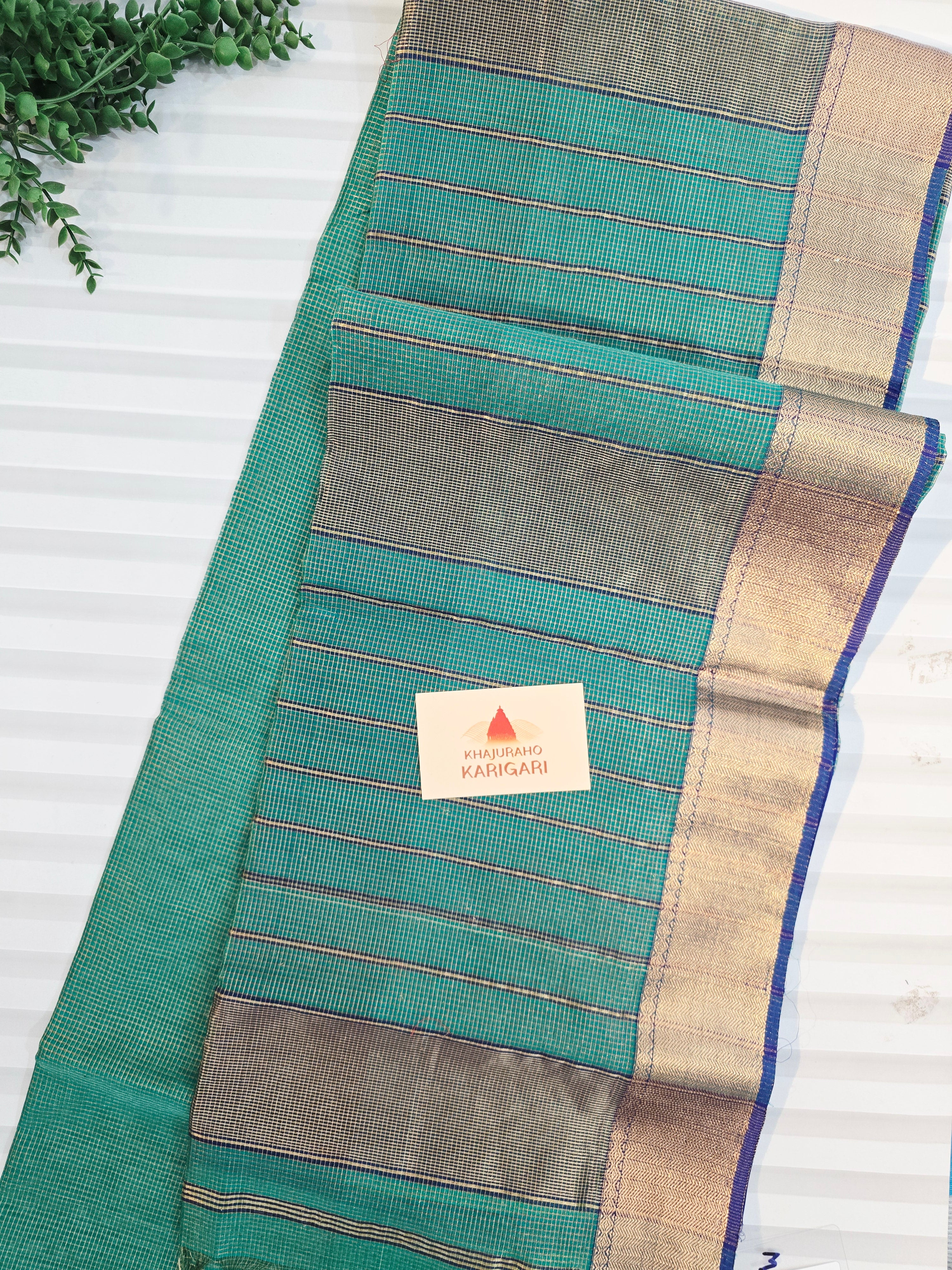 Pure Handloom Maheshwari Zari Checks Saree | Sea Green