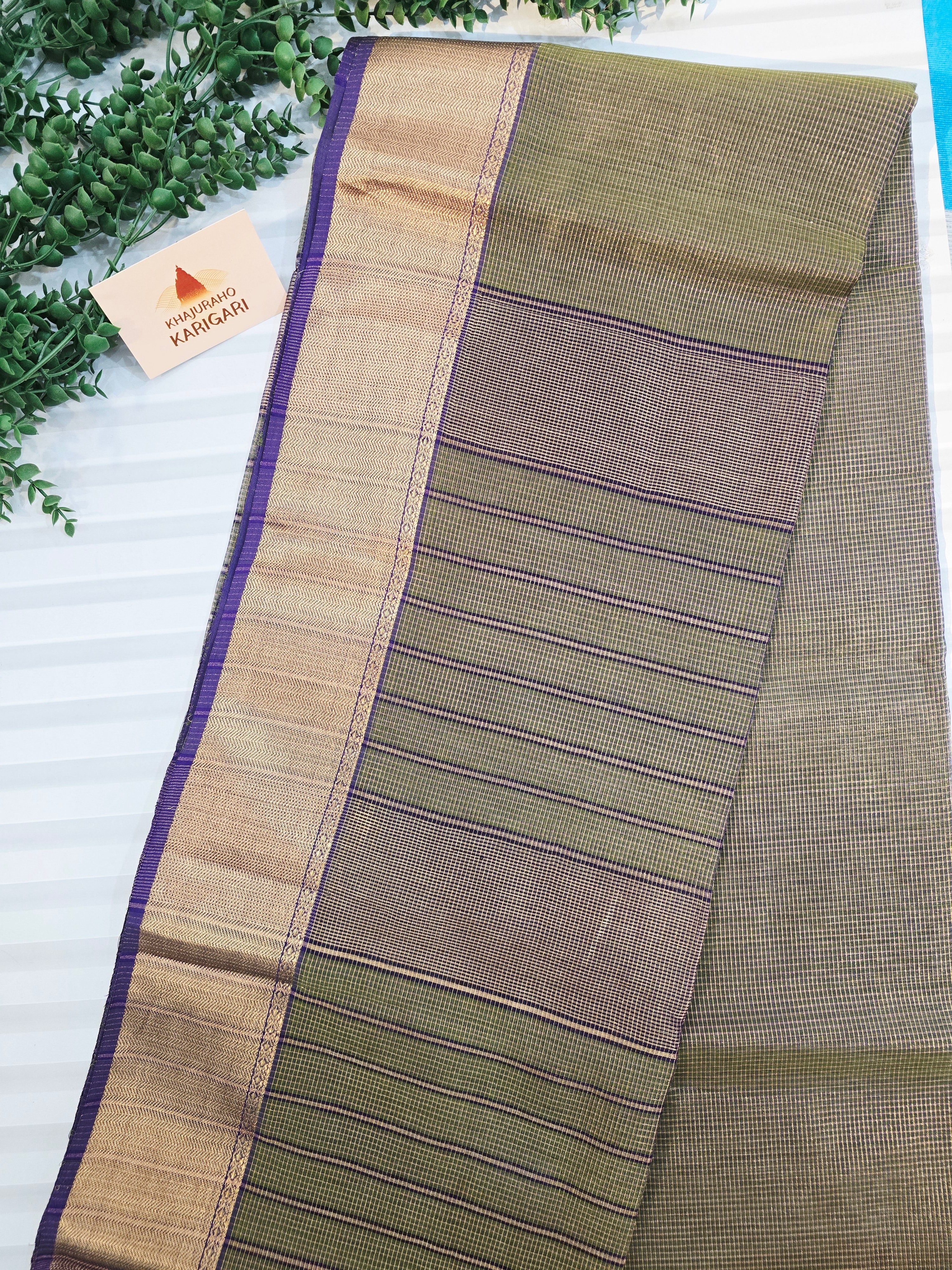 Pure Handloom Maheshwari Zari Checks Saree | Mehndi Green