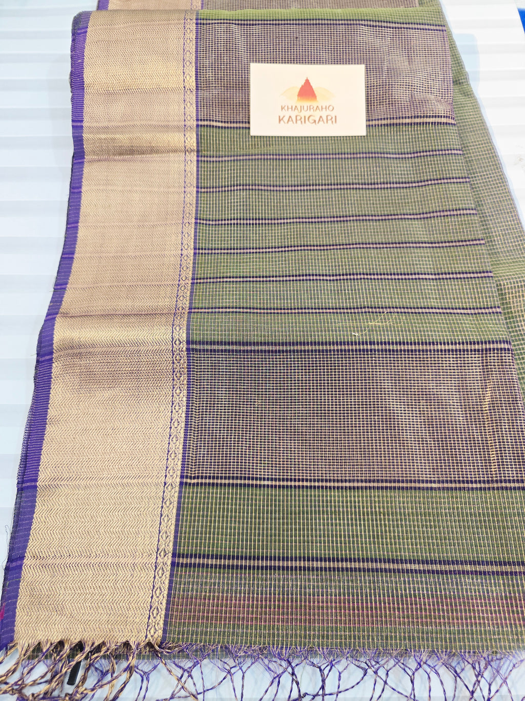 Pure Handloom Maheshwari Zari Checks Saree | Mehndi Green