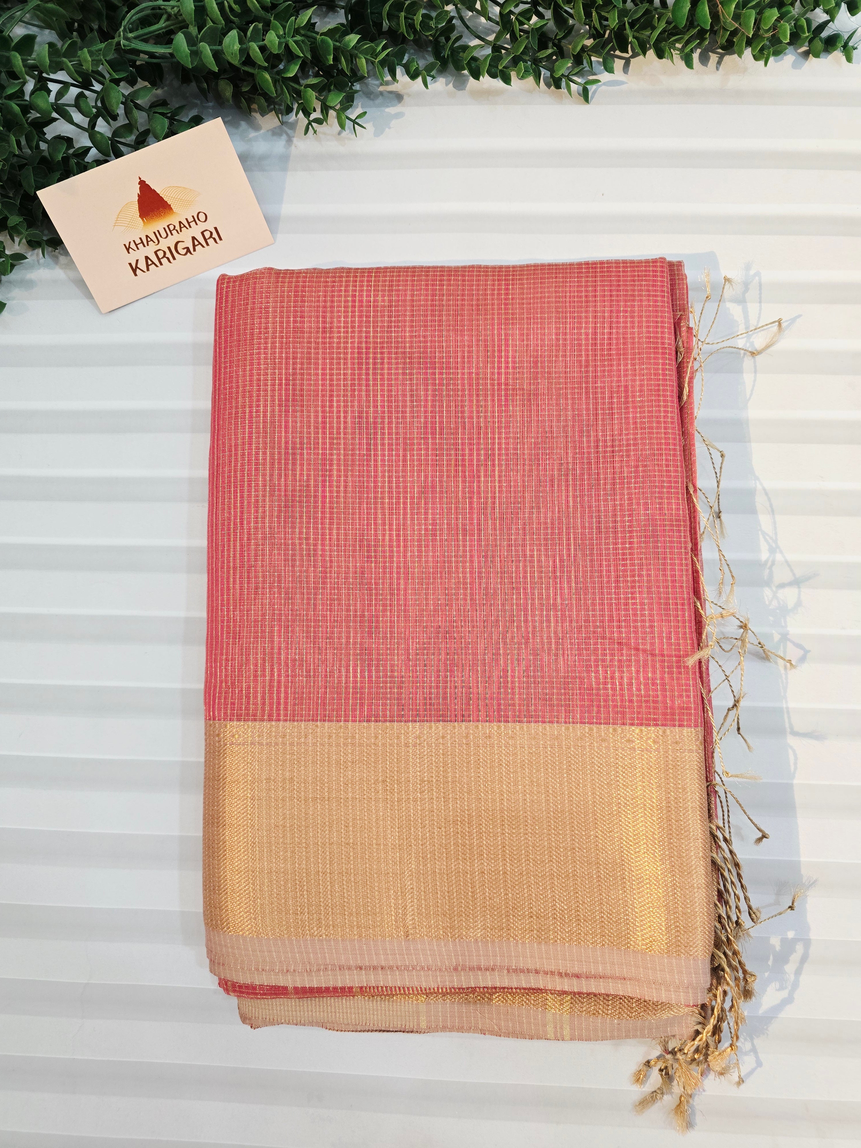 Pure Handloom Maheshwari Micro Zari Checks Rose Pink Saree