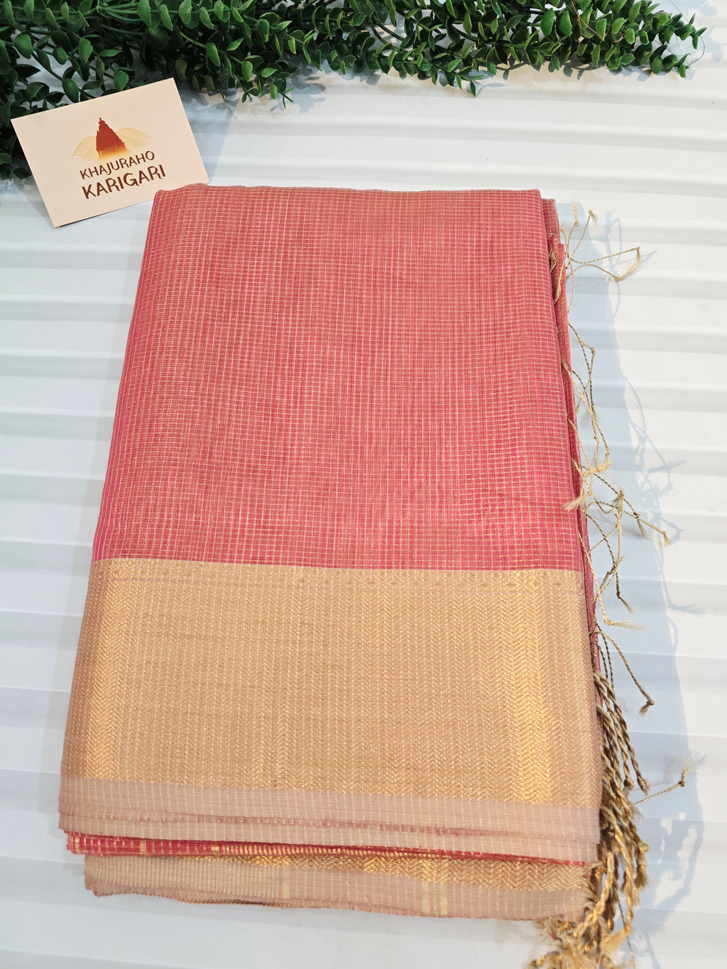 Pure Handloom Maheshwari Micro Zari Checks Rose Pink Saree