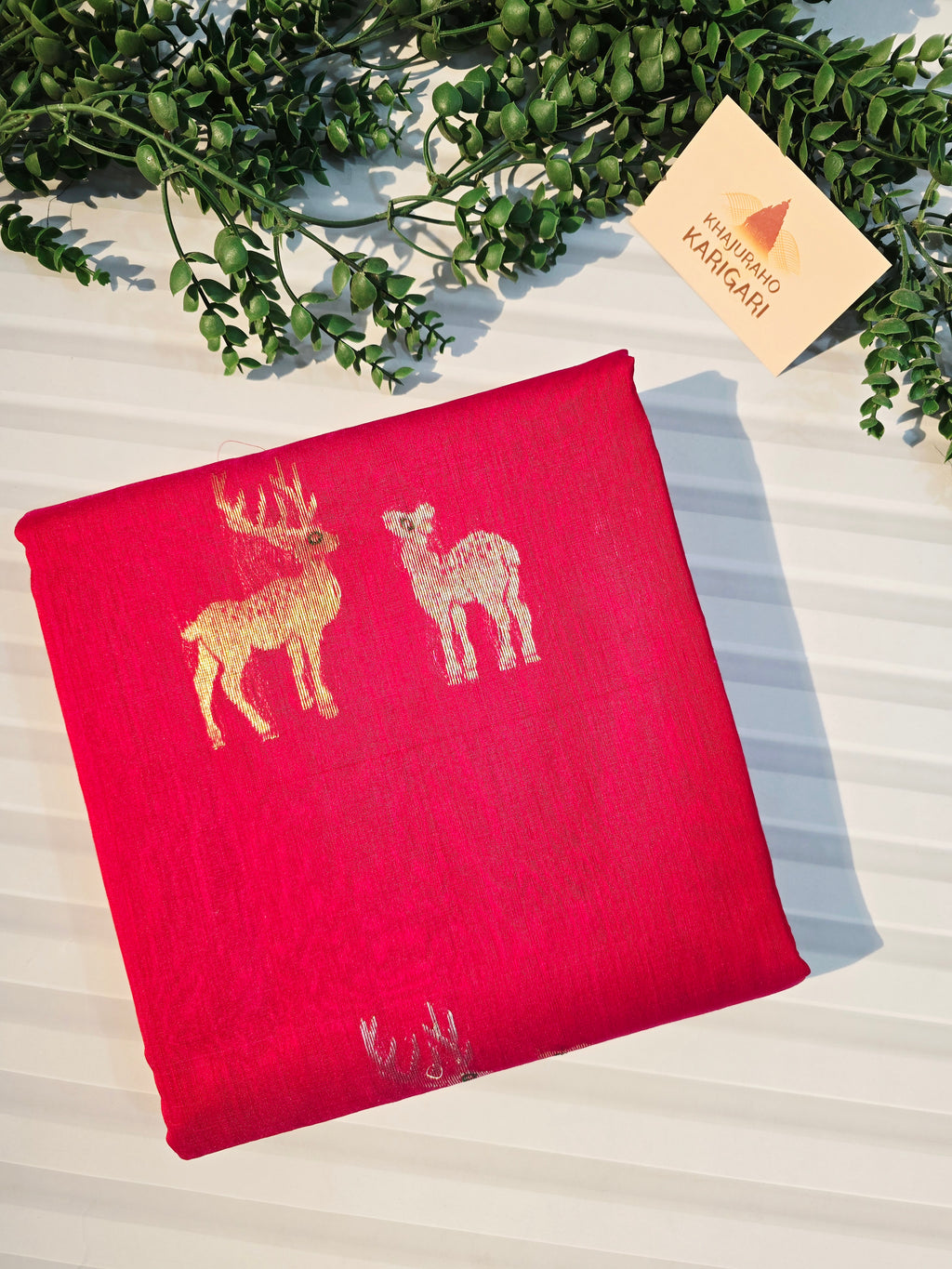 Pure Chanderi Silk Cotton Saree with Deer Motif Weave | Reddish Pink Pure Handloom Chanderi Saree