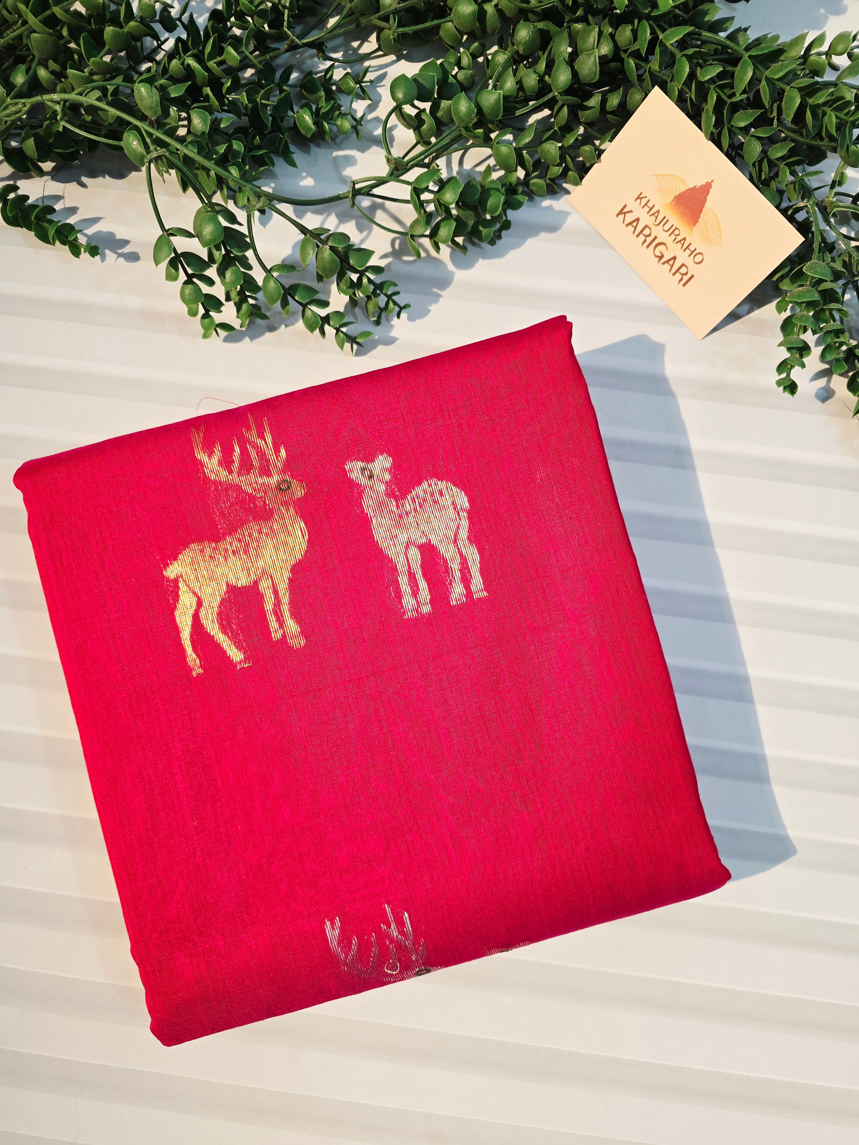 Pure Chanderi Silk Cotton Saree with Deer Motif Weave | Reddish Pink Pure Handloom Chanderi Saree