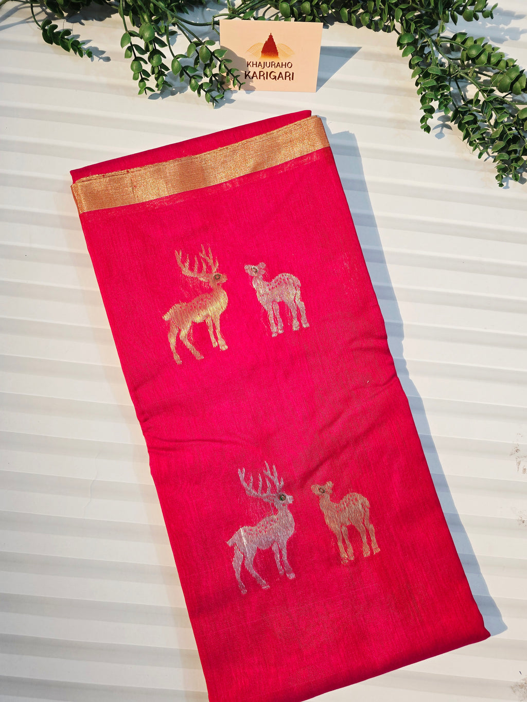 Pure Chanderi Silk Cotton Saree with Deer Motif Weave | Reddish Pink Pure Handloom Chanderi Saree