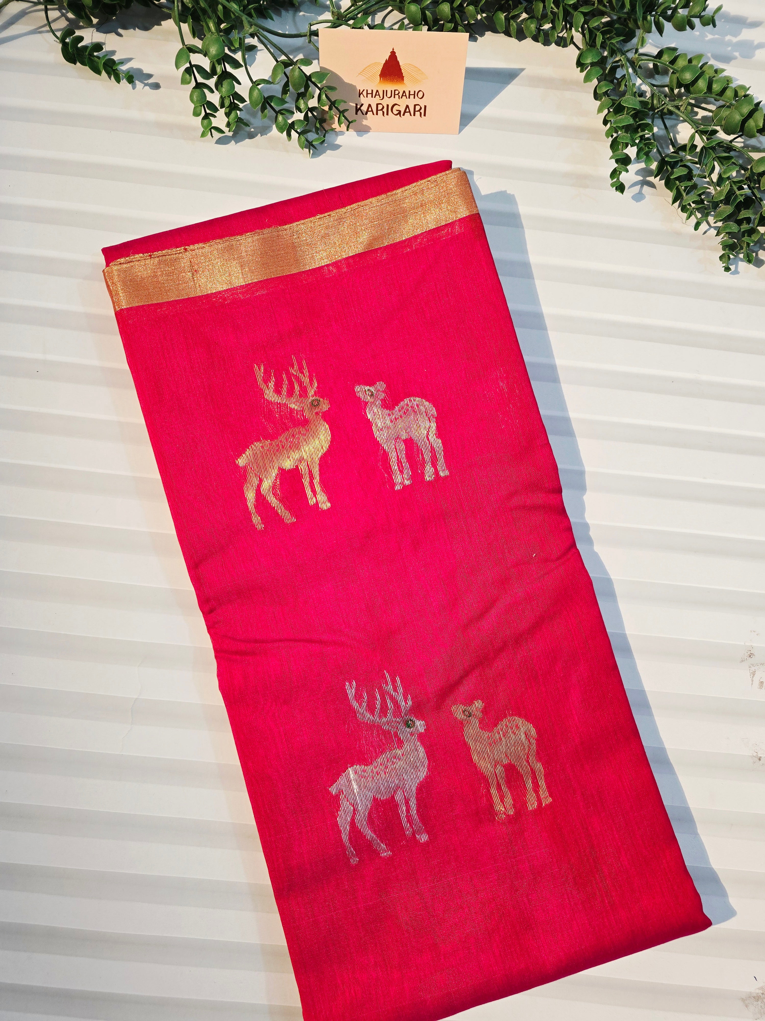 Pure Chanderi Silk Cotton Saree with Deer Motif Weave | Reddish Pink Pure Handloom Chanderi Saree