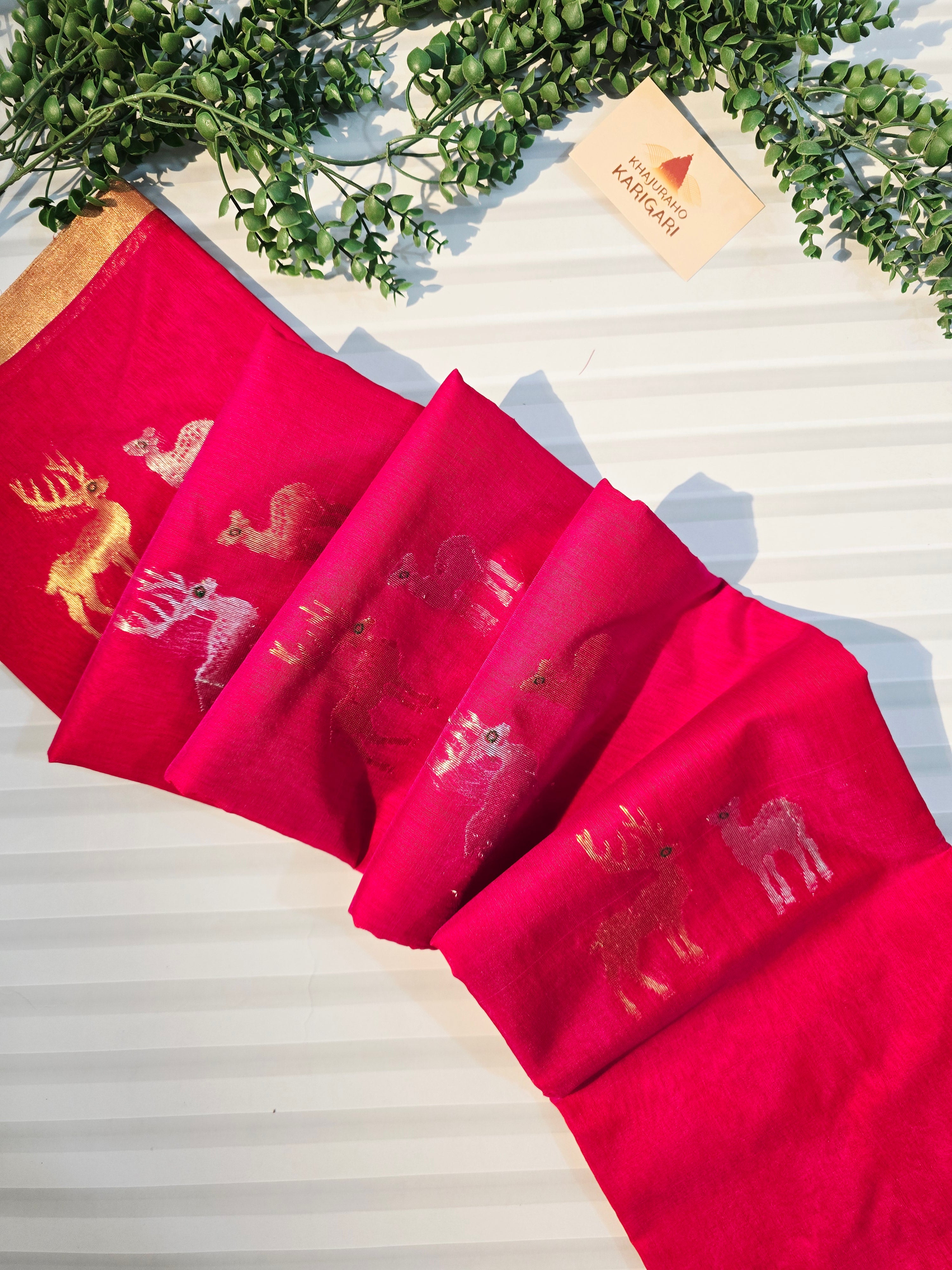 Pure Chanderi Silk Cotton Saree with Deer Motif Weave | Reddish Pink Pure Handloom Chanderi Saree