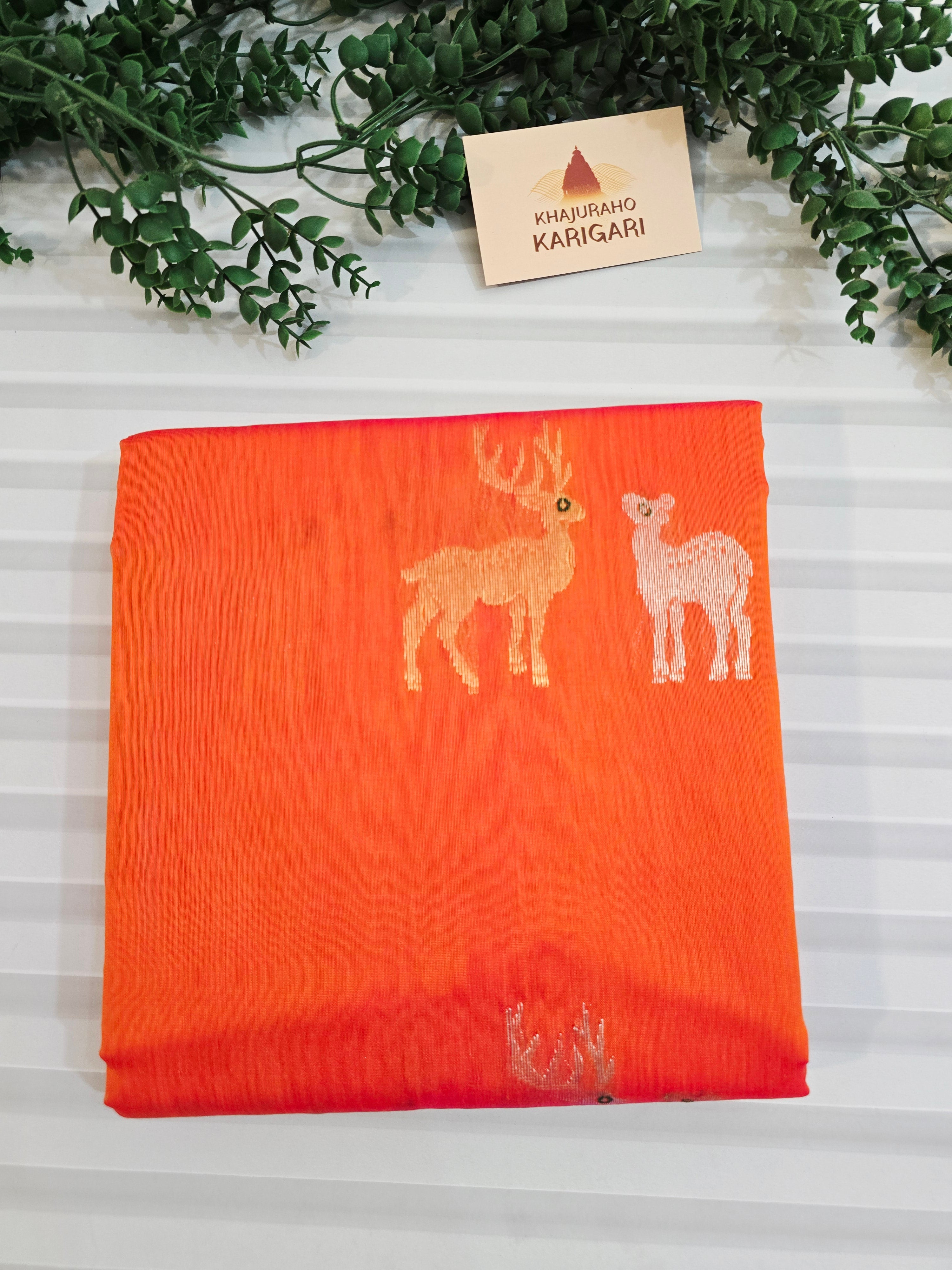 Pure Handwoven Chanderi Silk Cotton Deer Motif Saree – Bright Orange