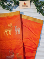 Pure Handwoven Chanderi Silk Cotton Deer Motif Saree – Bright Orange