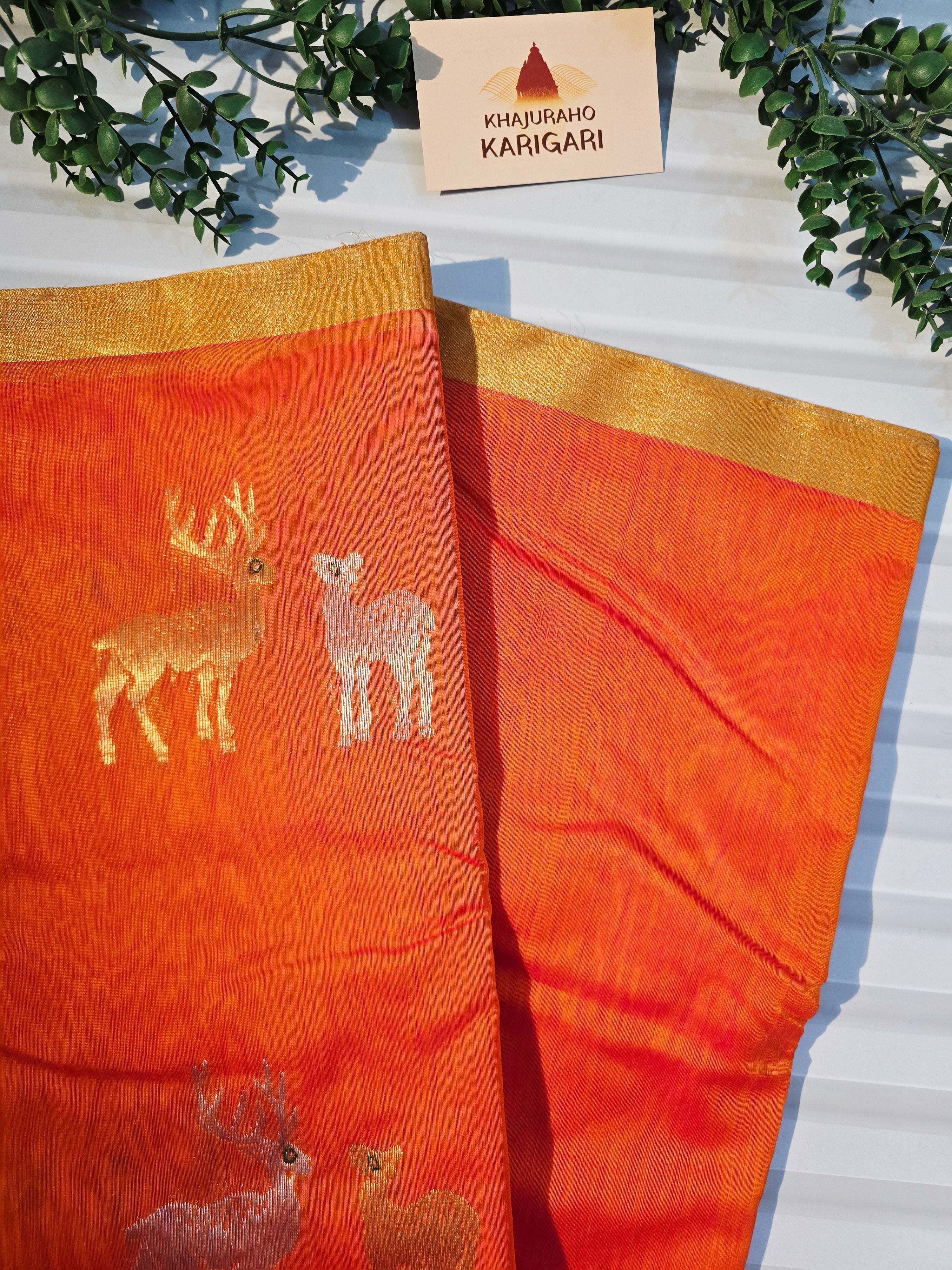 Pure Handwoven Chanderi Silk Cotton Deer Motif Saree – Bright Orange
