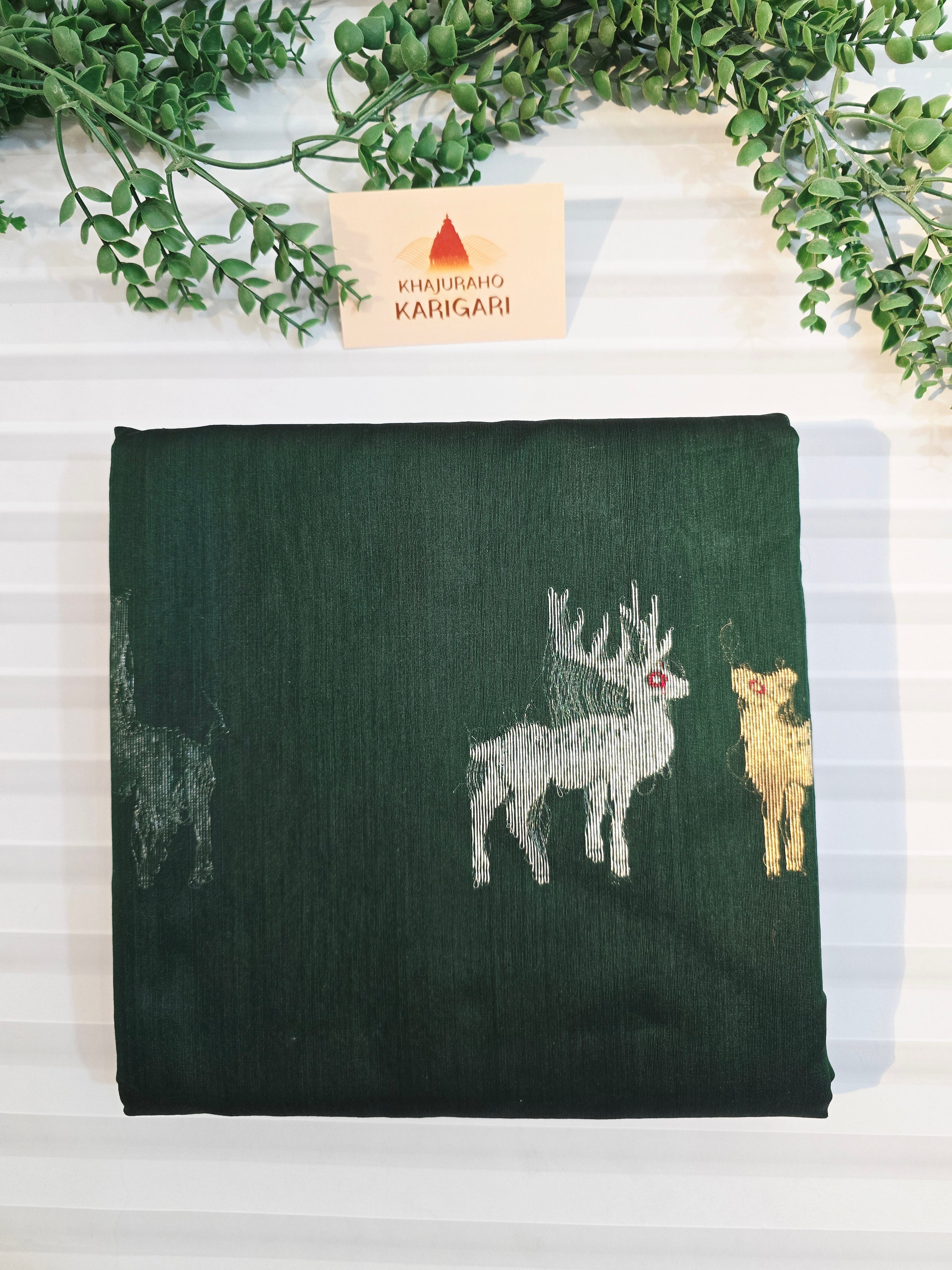Pure Chanderi Silk Cotton Saree With Deer Motifs | Bottle Green Pure Handloom Chanderi Saree