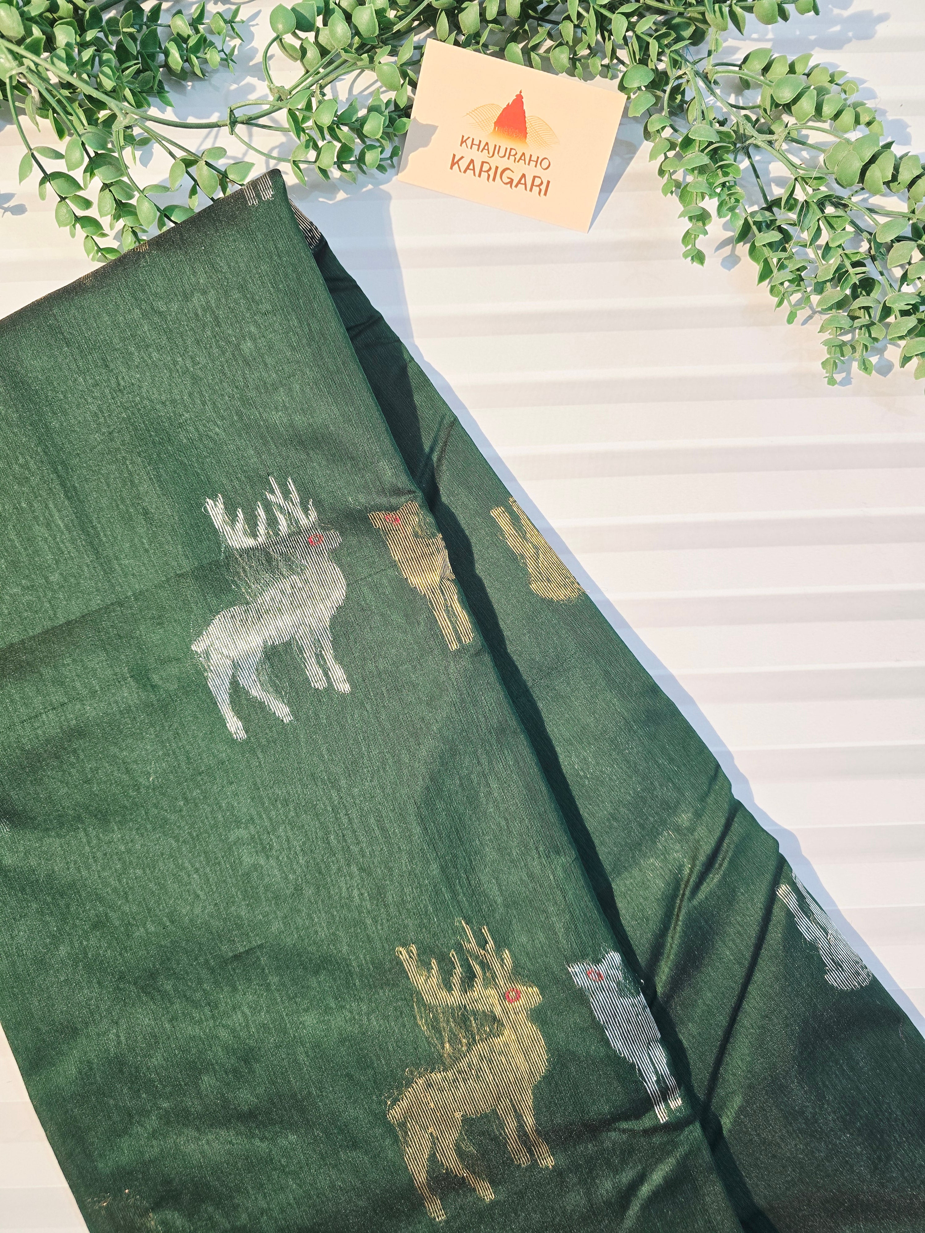 Pure Chanderi Silk Cotton Saree With Deer Motifs | Bottle Green Pure Handloom Chanderi Saree