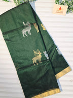 Pure Chanderi Silk Cotton Saree With Deer Motifs | Bottle Green Pure Handloom Chanderi Saree
