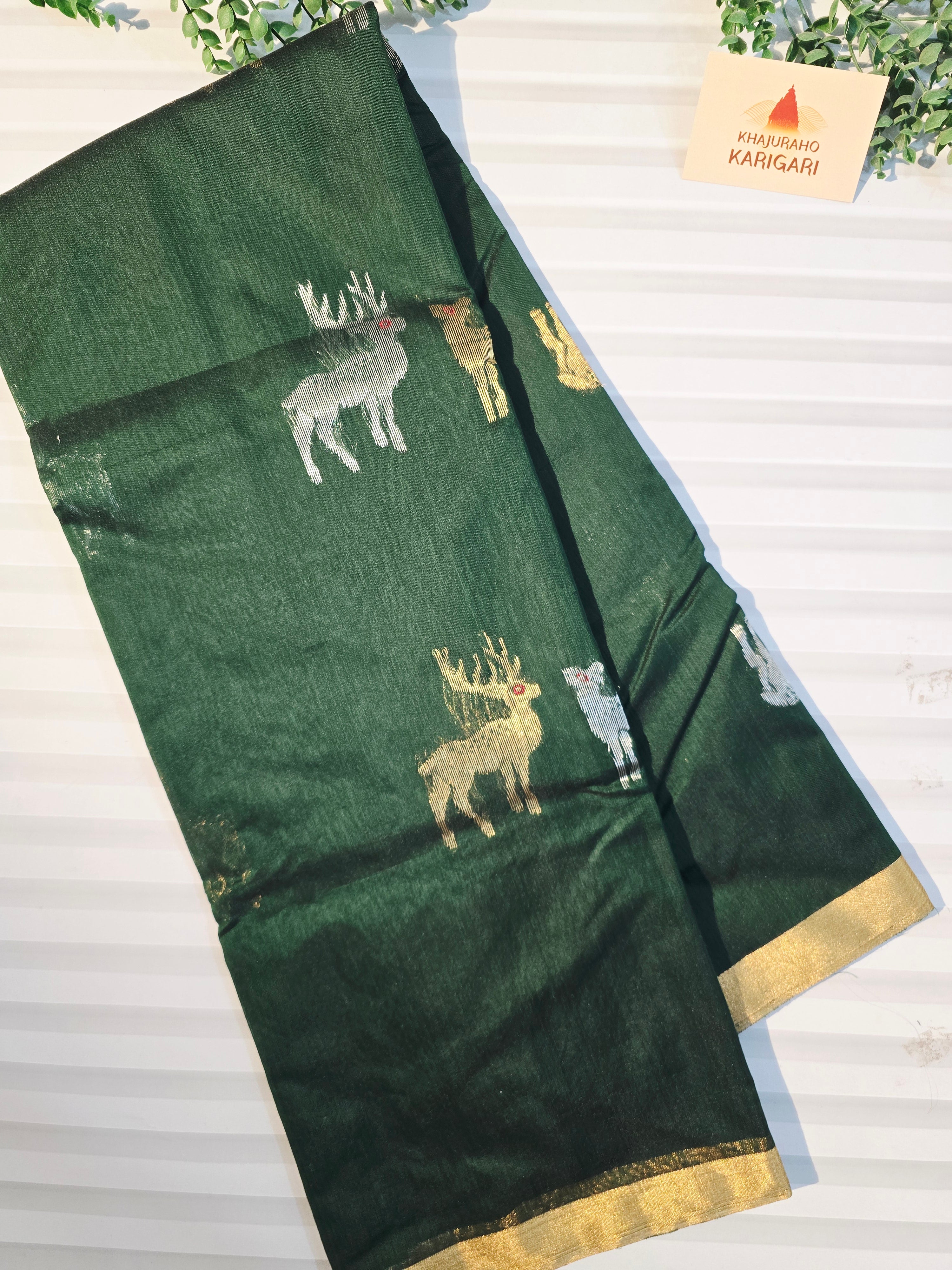 Pure Chanderi Silk Cotton Saree With Deer Motifs | Bottle Green Pure Handloom Chanderi Saree