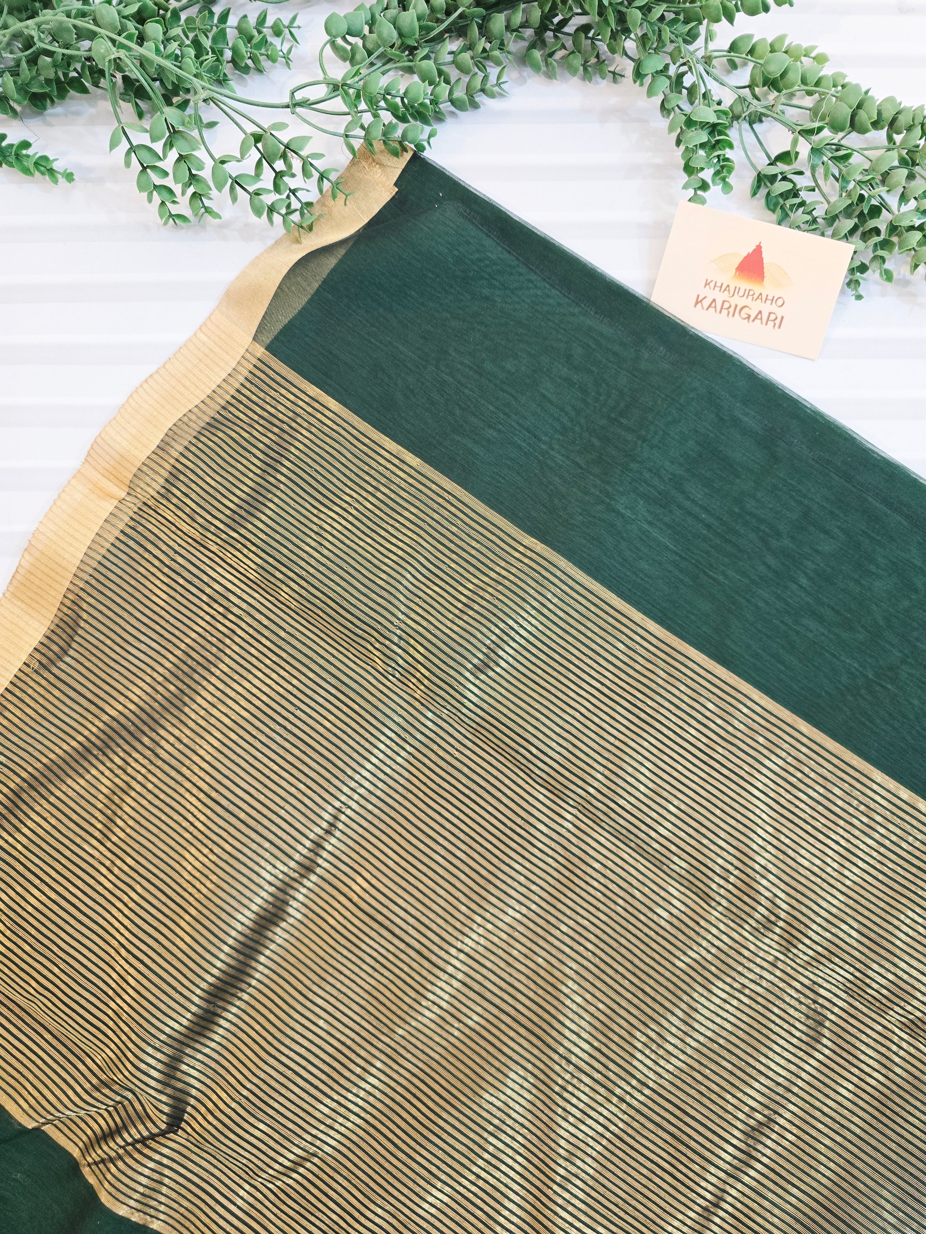 Pure Chanderi Silk Cotton Saree With Deer Motifs | Bottle Green Pure Handloom Chanderi Saree