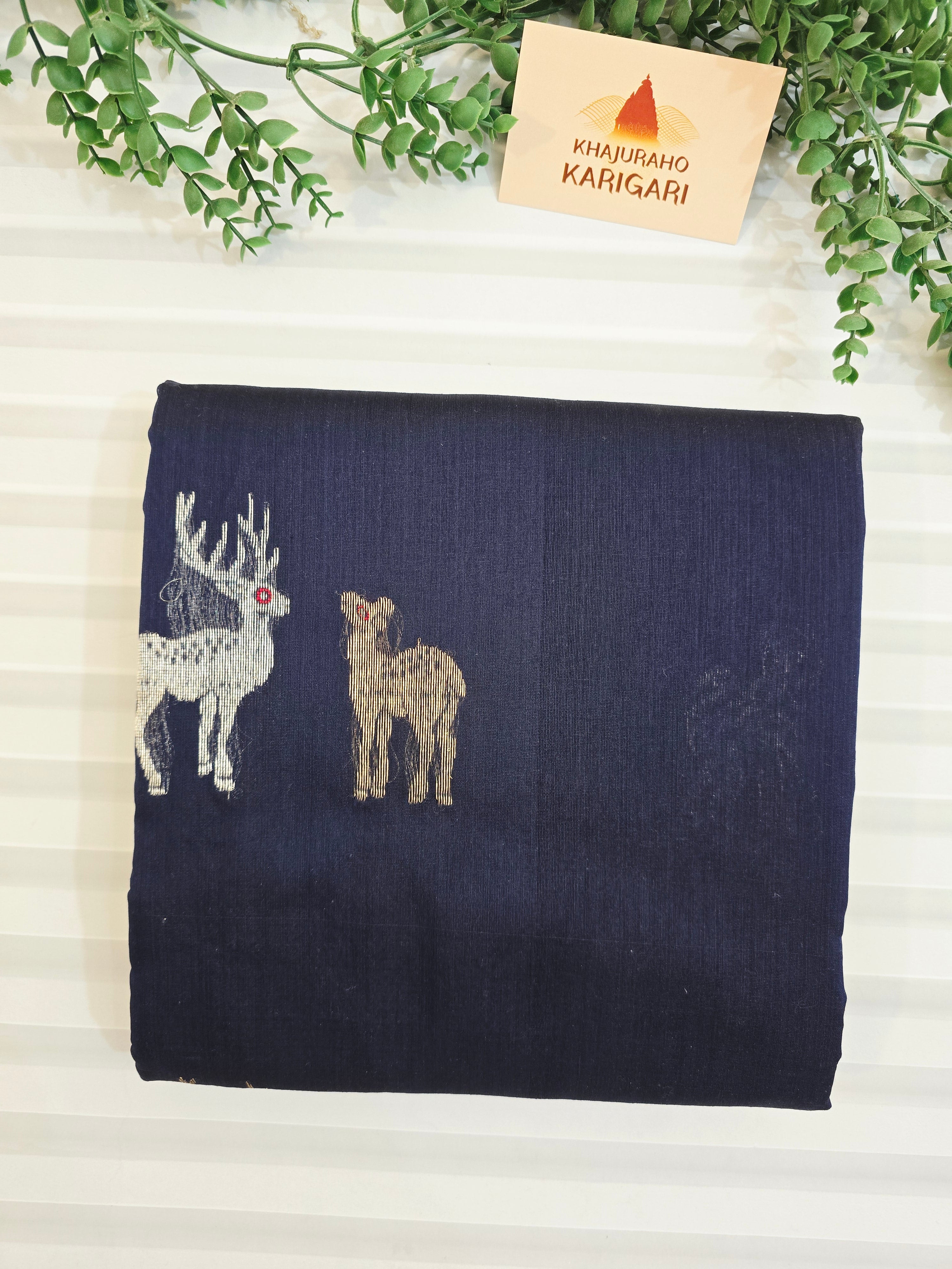 Pure Handwoven Chanderi Silk Cotton Deer Motif Saree – Blue