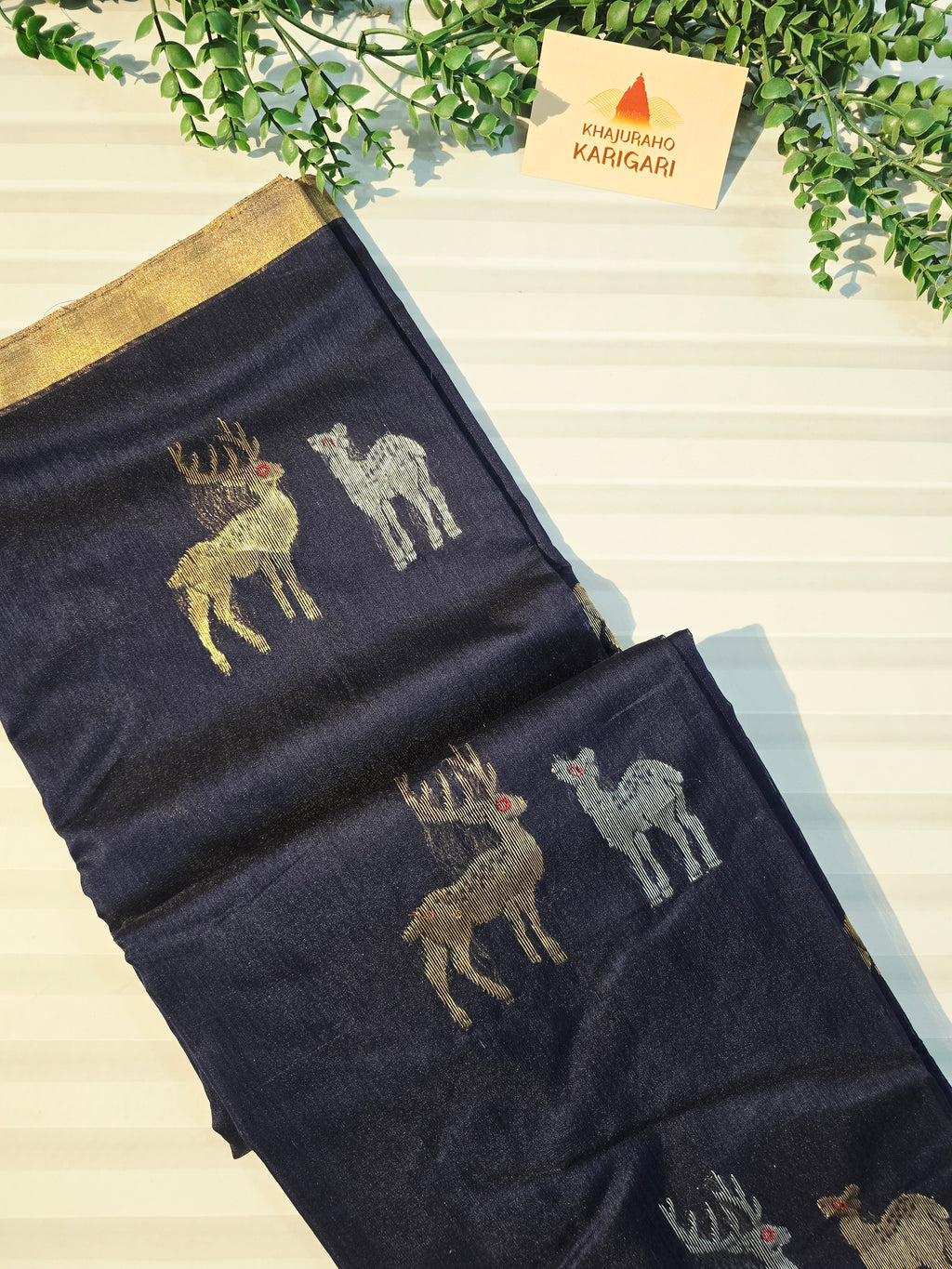 Pure Handwoven Chanderi Silk Cotton Deer Motif Saree – Blue