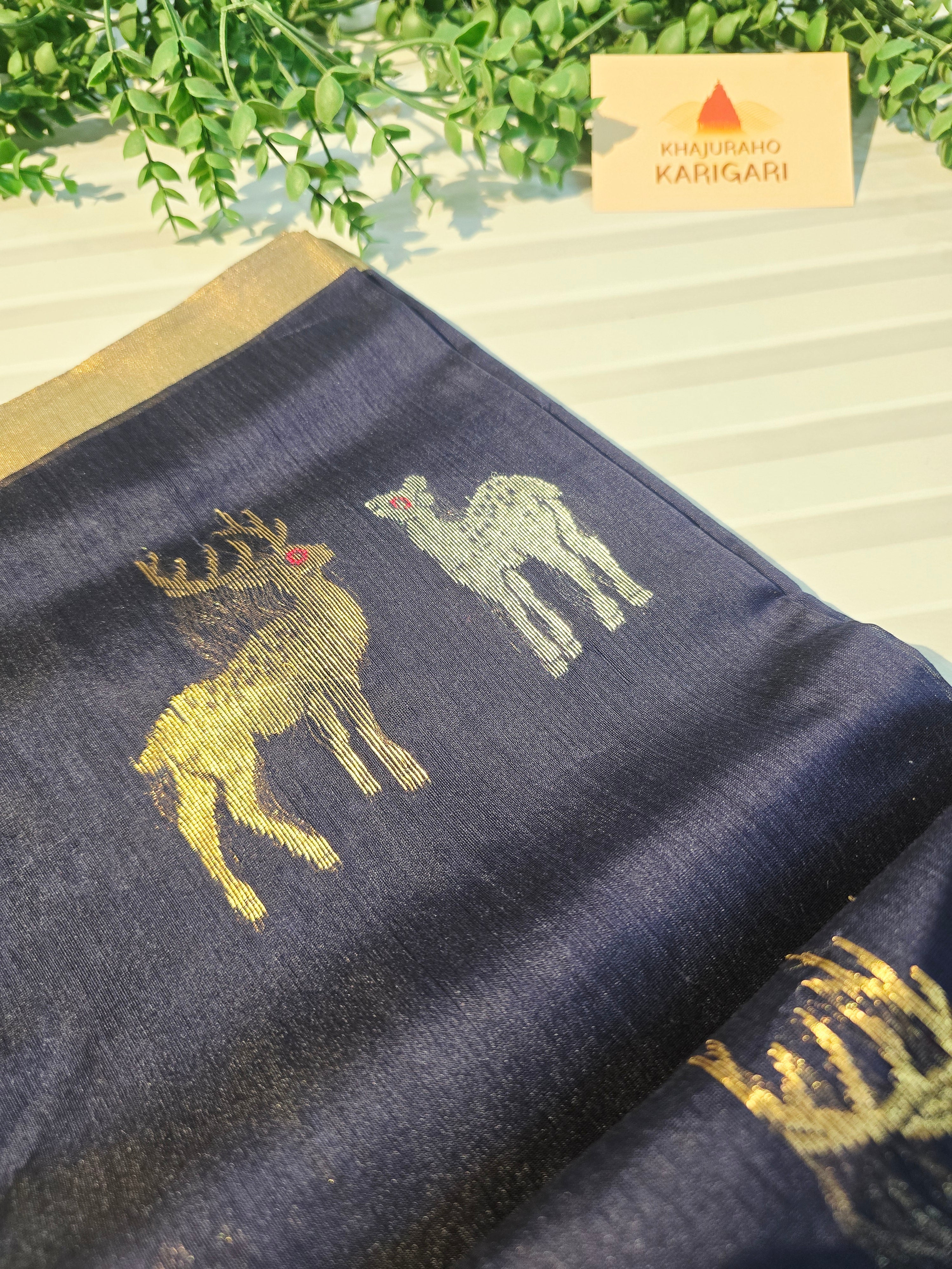 Pure Handwoven Chanderi Silk Cotton Deer Motif Saree – Blue