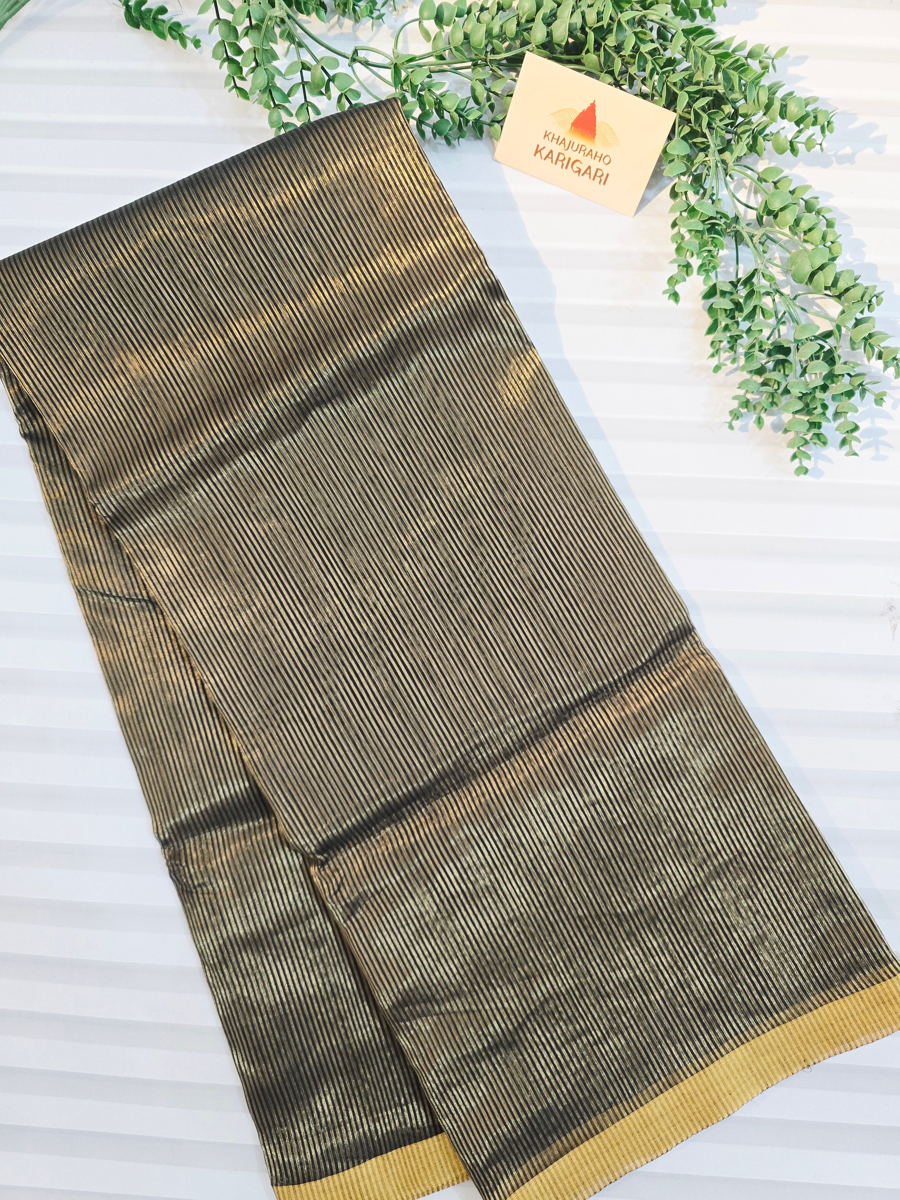 Pure Handwoven Chanderi  Zari Stripe Saree – Black