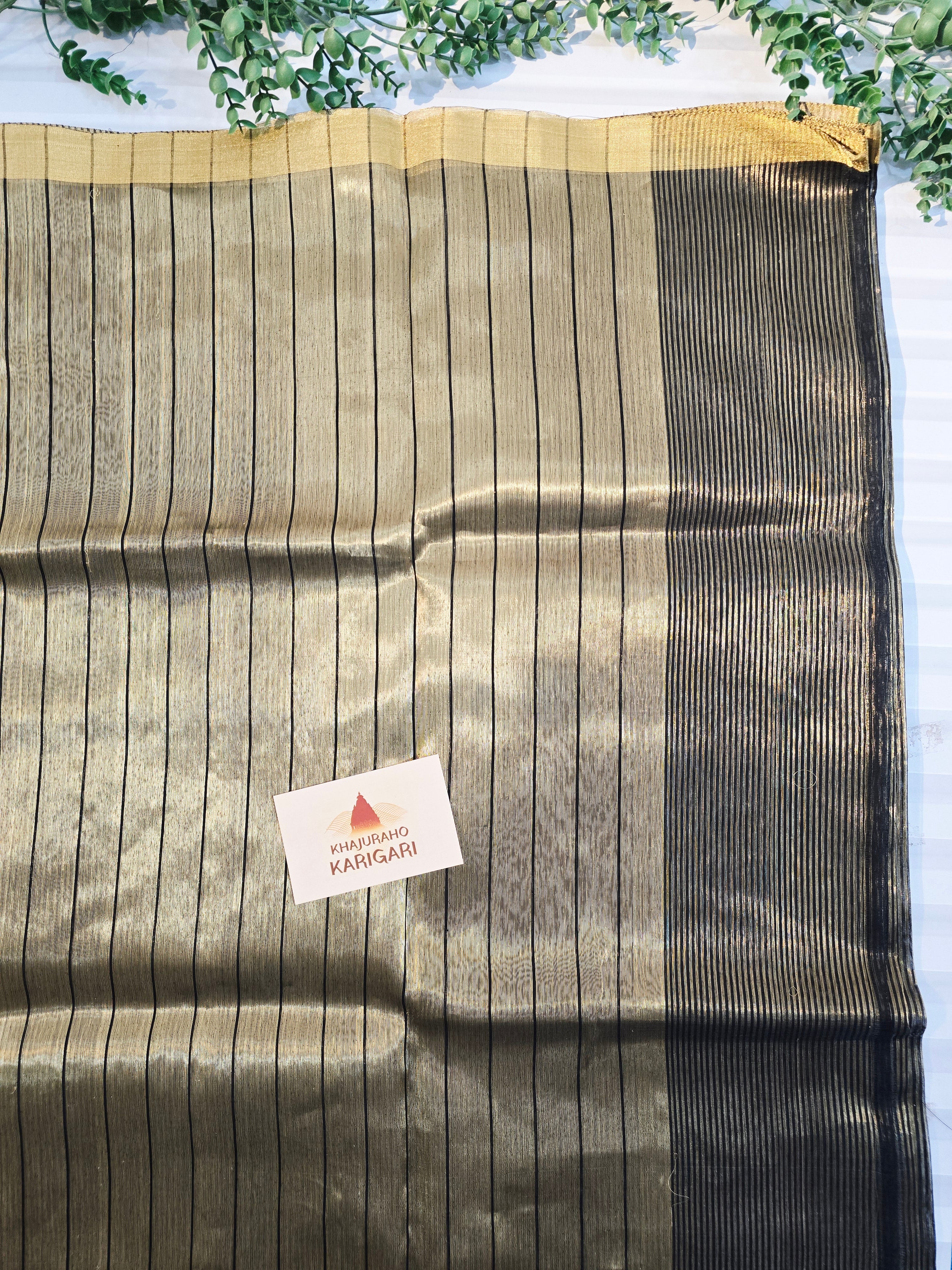 Pure Handwoven Chanderi  Zari Stripe Saree – Black