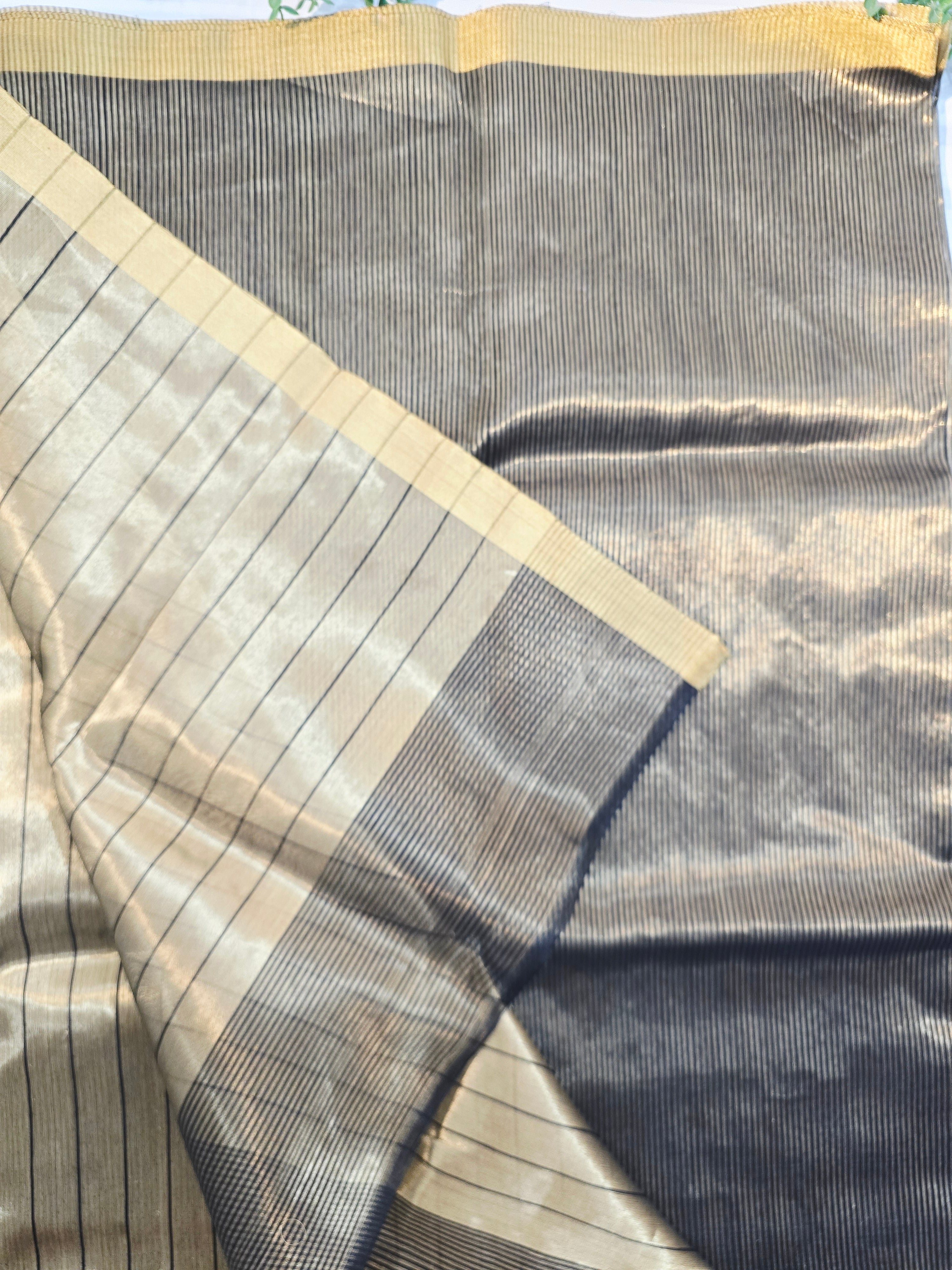 Pure Handwoven Chanderi  Zari Stripe Saree – Black