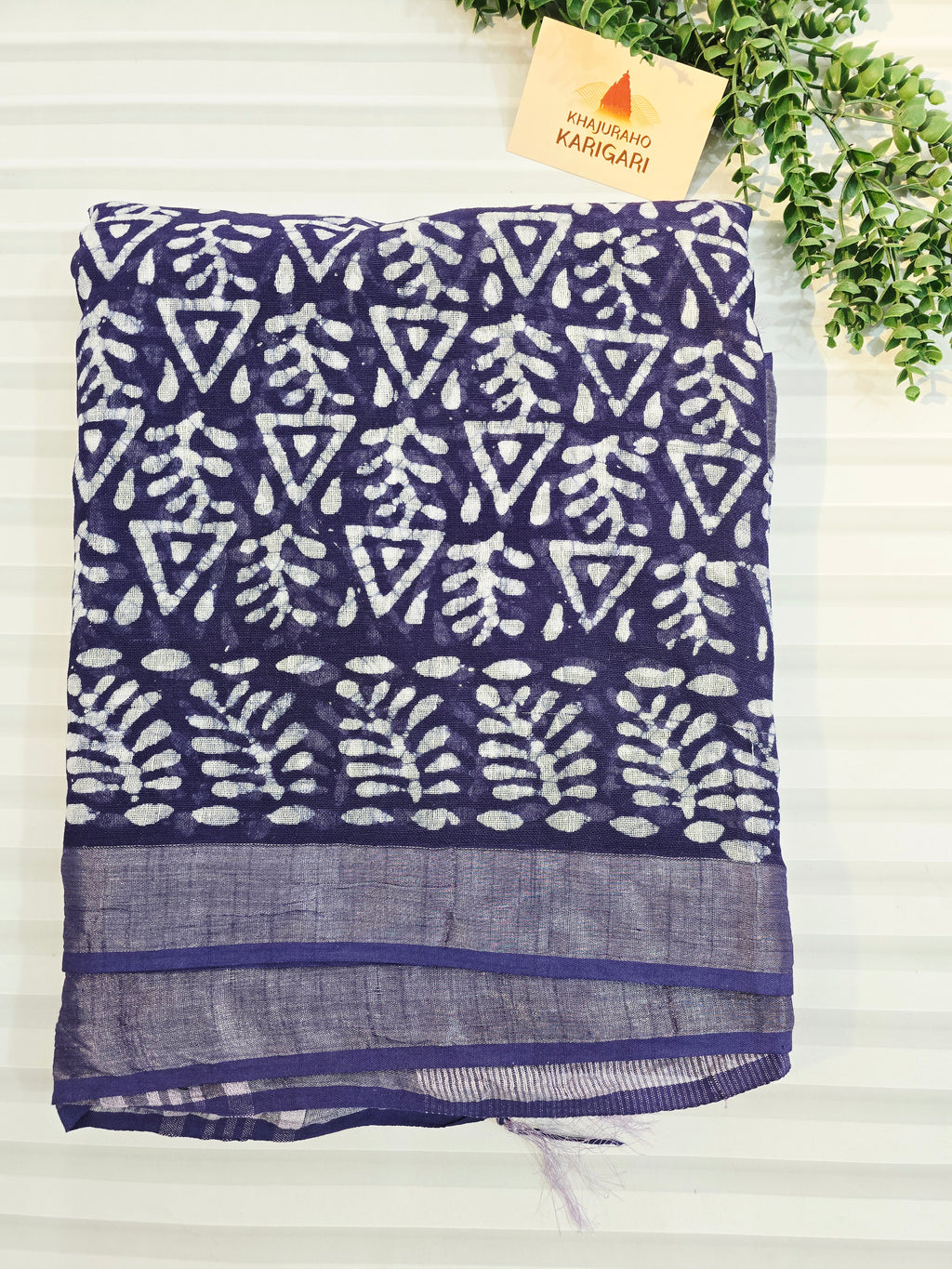 Handcrafted Linen Saree with Hand Block Hot Wax Batik - Blue