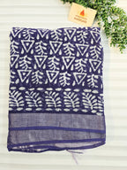 Handcrafted Linen Saree with Hand Block Hot Wax Batik - Blue