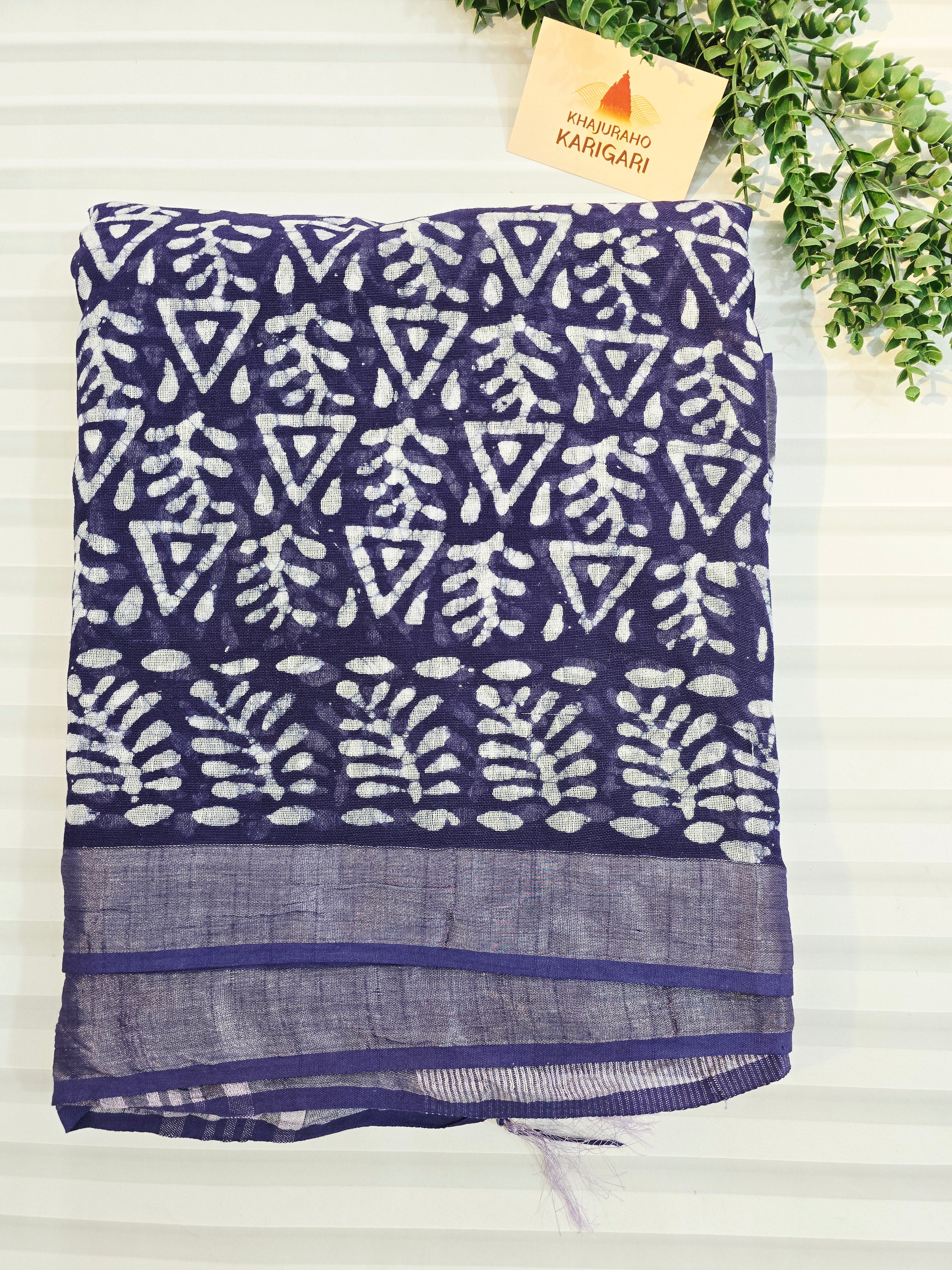 Handcrafted Linen Saree with Hand Block Hot Wax Batik - Blue