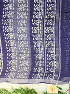 Handcrafted Linen Saree with Hand Block Hot Wax Batik - Blue