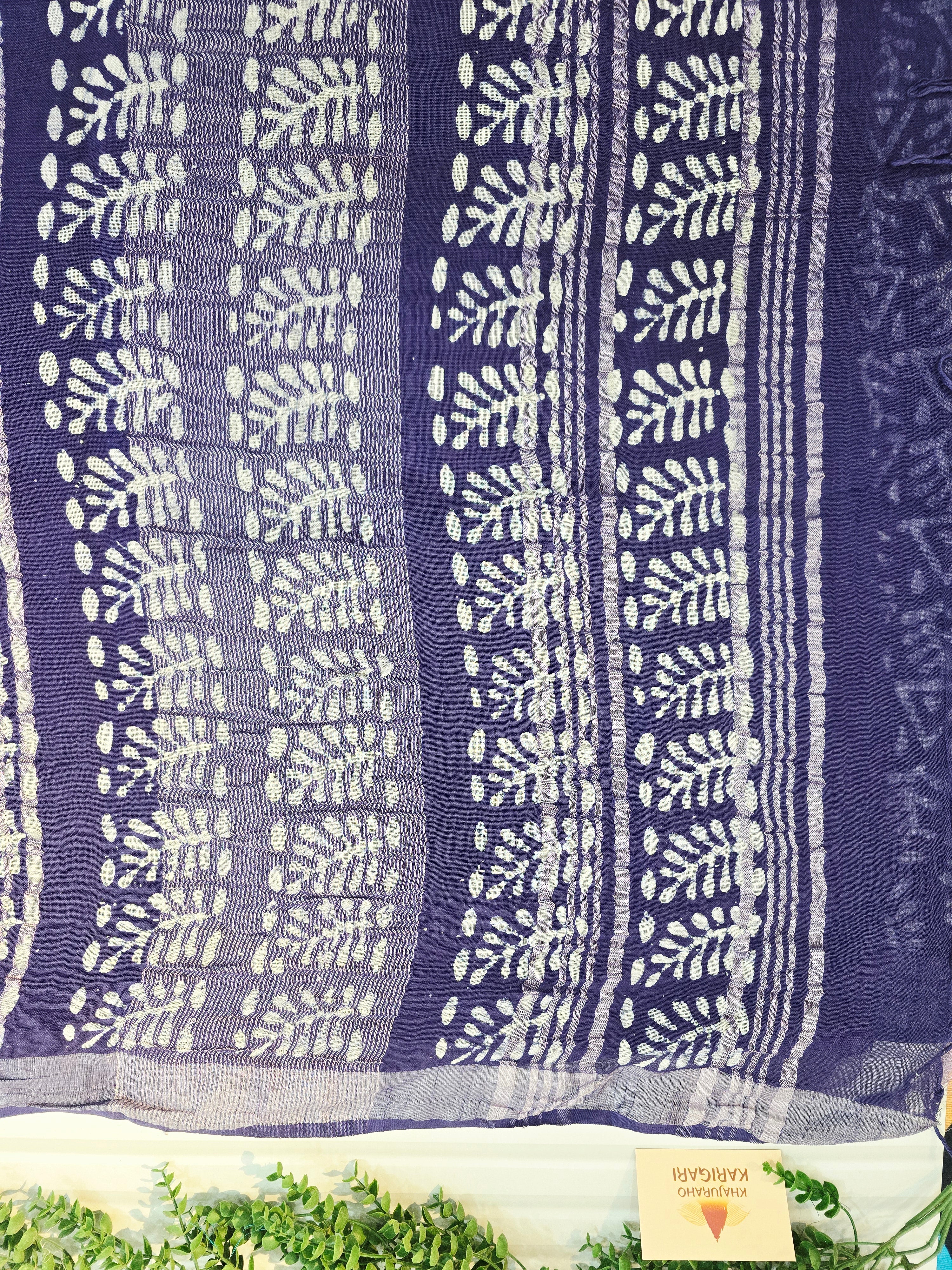 Handcrafted Linen Saree with Hand Block Hot Wax Batik - Blue