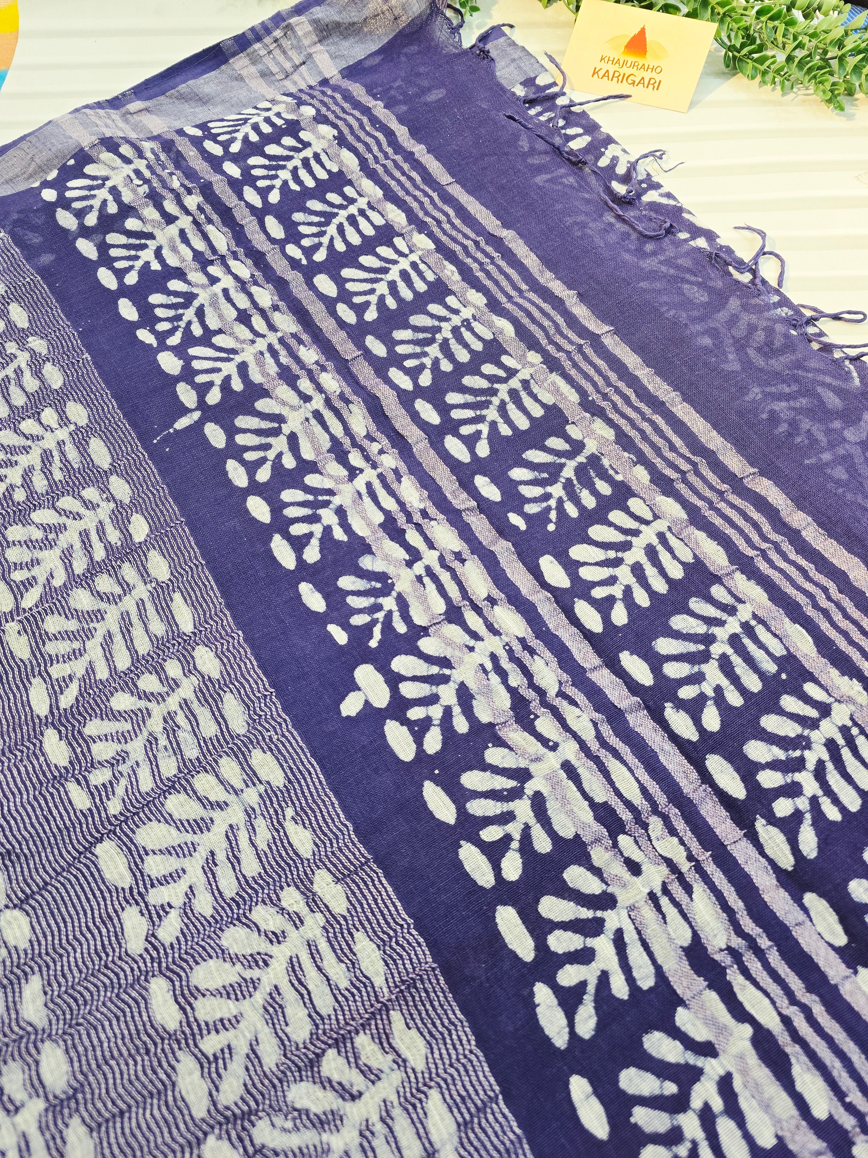Handcrafted Linen Saree with Hand Block Hot Wax Batik - Blue