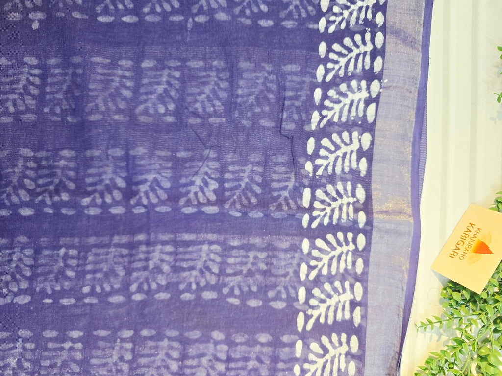 Handcrafted Linen Saree with Hand Block Hot Wax Batik - Blue