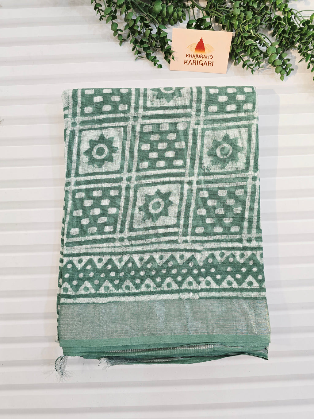 Handcrafted Linen Saree with Hand Block Hot Wax Batik - Sea Green