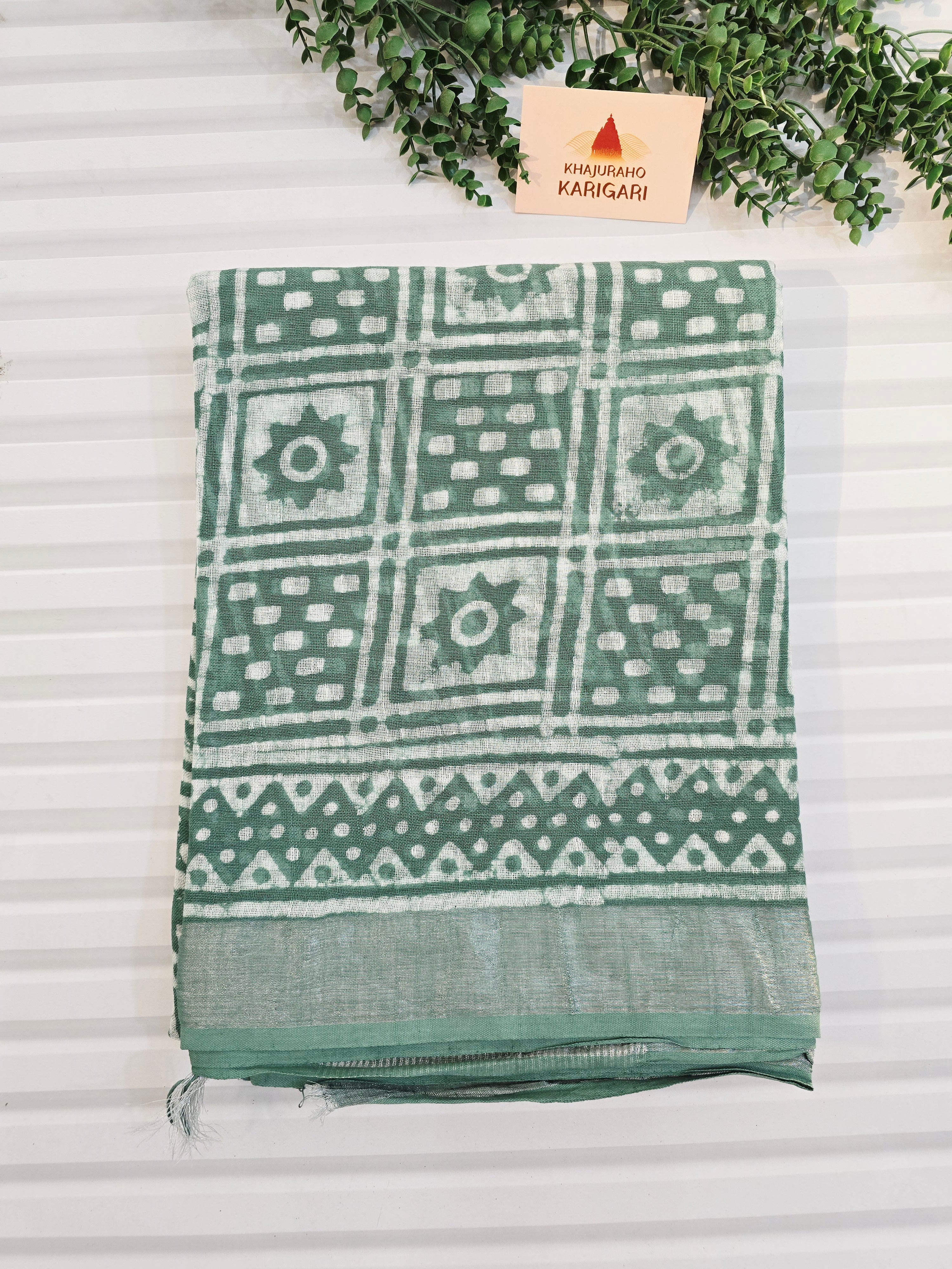 Handcrafted Linen Saree with Hand Block Hot Wax Batik - Sea Green